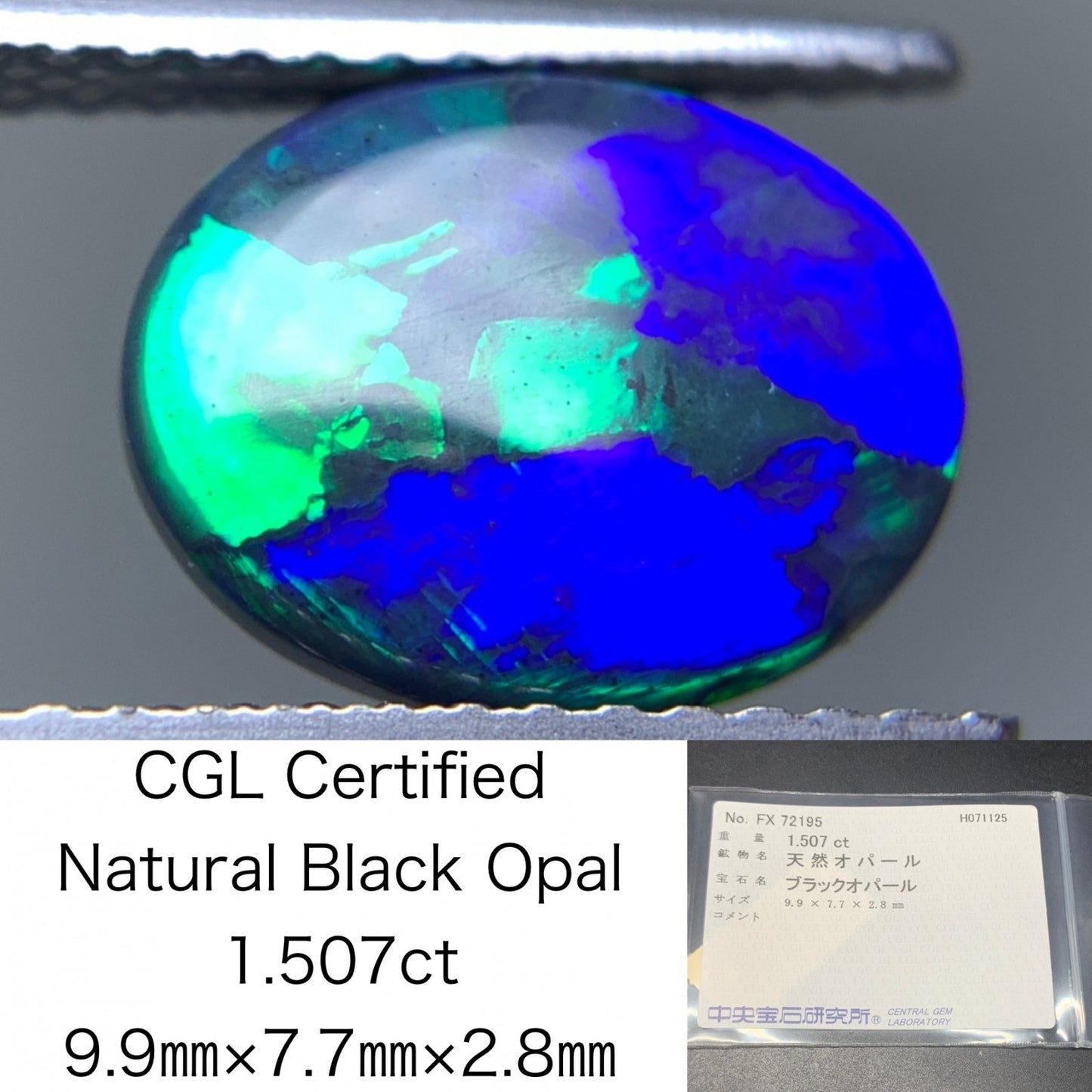 ブラックオパール 天然  1.507ct  中央宝石ソーティング付き  9.9㎜×7.7㎜×2.8㎜  ルース（ 裸石 ） 5948Y