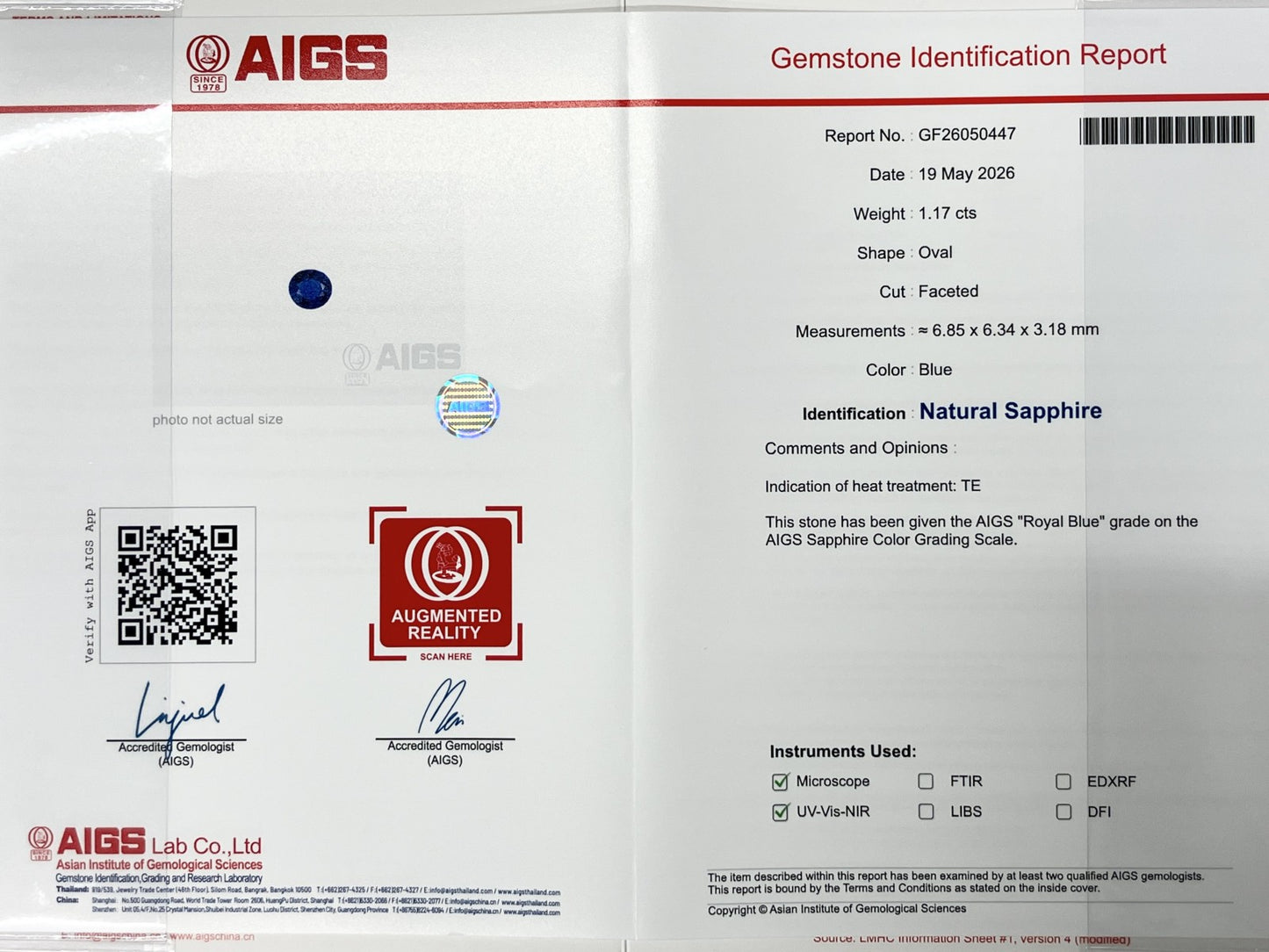 サファイア 1.17ct ロイヤルブルー royal blue AIGS鑑別書 D0.75ct PT900 5.6g 指輪 （JP14号） サイズ直し無料 7898K