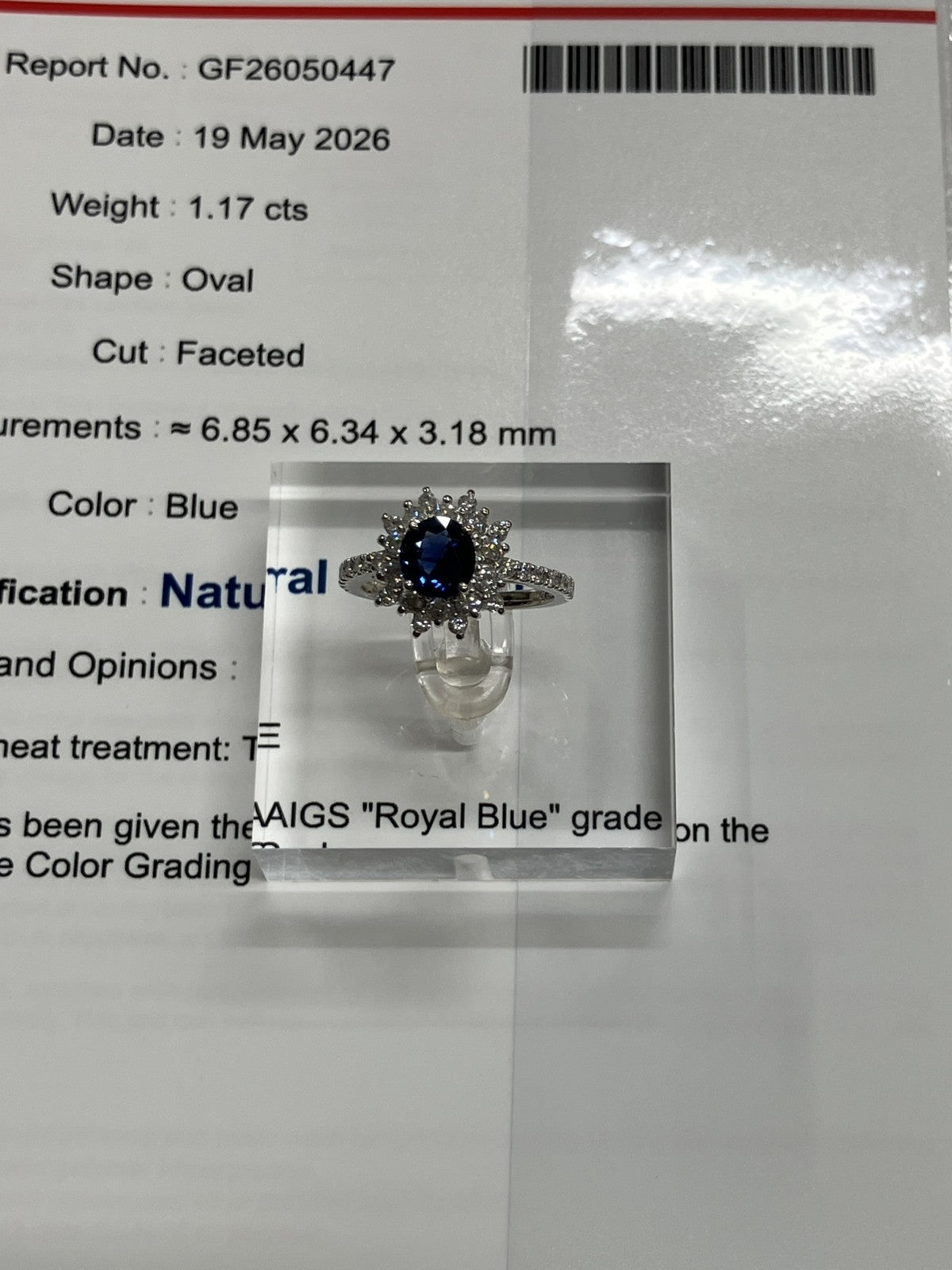 サファイア 1.17ct ロイヤルブルー royal blue AIGS鑑別書 D0.75ct PT900 5.6g 指輪 （JP14号） サイズ直し無料 7898K