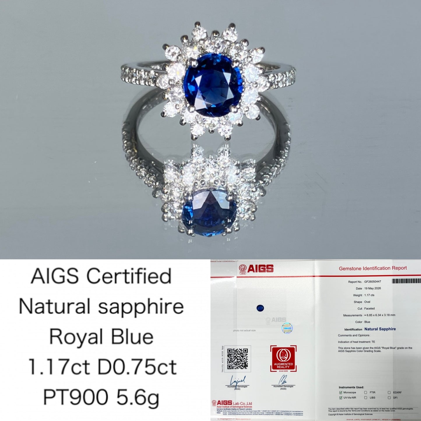 サファイア 1.17ct ロイヤルブルー royal blue AIGS鑑別書 D0.75ct PT900 5.6g 指輪 （JP14号） サイズ直し無料 7898K