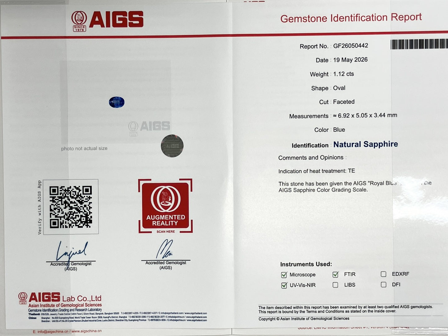 サファイア 1.12ct ロイヤルブルー royal blue AIGS鑑別書 D0.57ct PT900 5.6g 指輪 （JP11号） サイズ直し無料 7577K