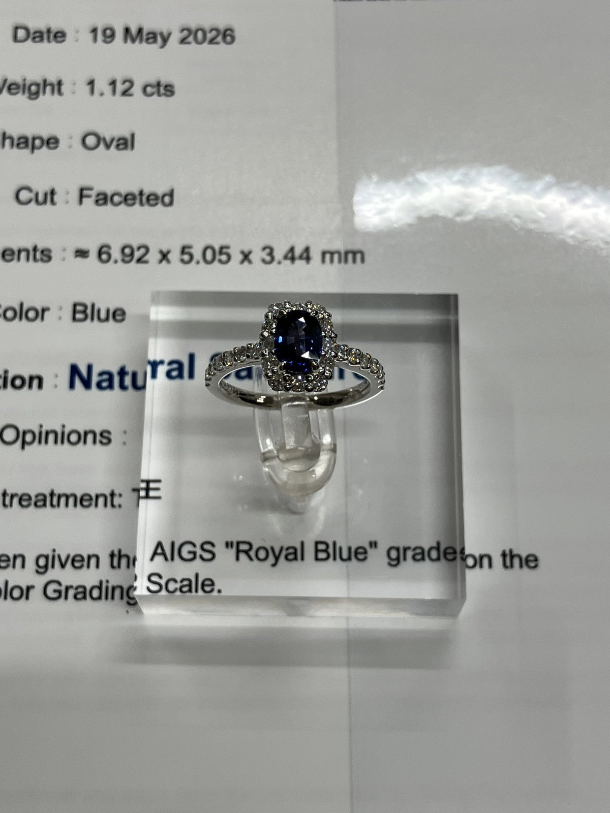 サファイア 1.12ct ロイヤルブルー royal blue AIGS鑑別書 D0.57ct PT900 5.6g 指輪 （JP11号） サイズ直し無料 7577K