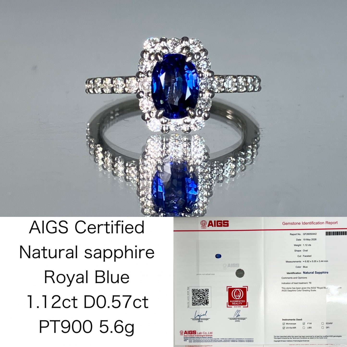 サファイア 1.12ct ロイヤルブルー royal blue AIGS鑑別書 D0.57ct PT900 5.6g 指輪 （JP11号） サイズ直し無料 7577K