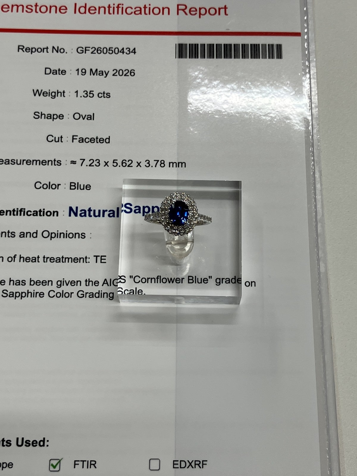 サファイア 1.35ct コンフラワーブルー Cornflower blue AIGS鑑別書 D0.72ct PT900 5.1g 指輪 （JP13号） サイズ直し無料 731K