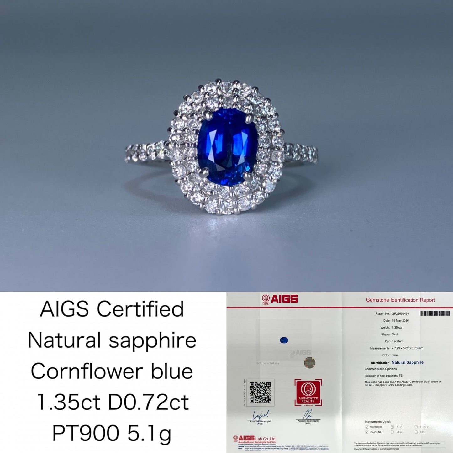 サファイア 1.35ct コンフラワーブルー Cornflower blue AIGS鑑別書 D0.72ct PT900 5.1g 指輪 （JP13号） サイズ直し無料 731K
