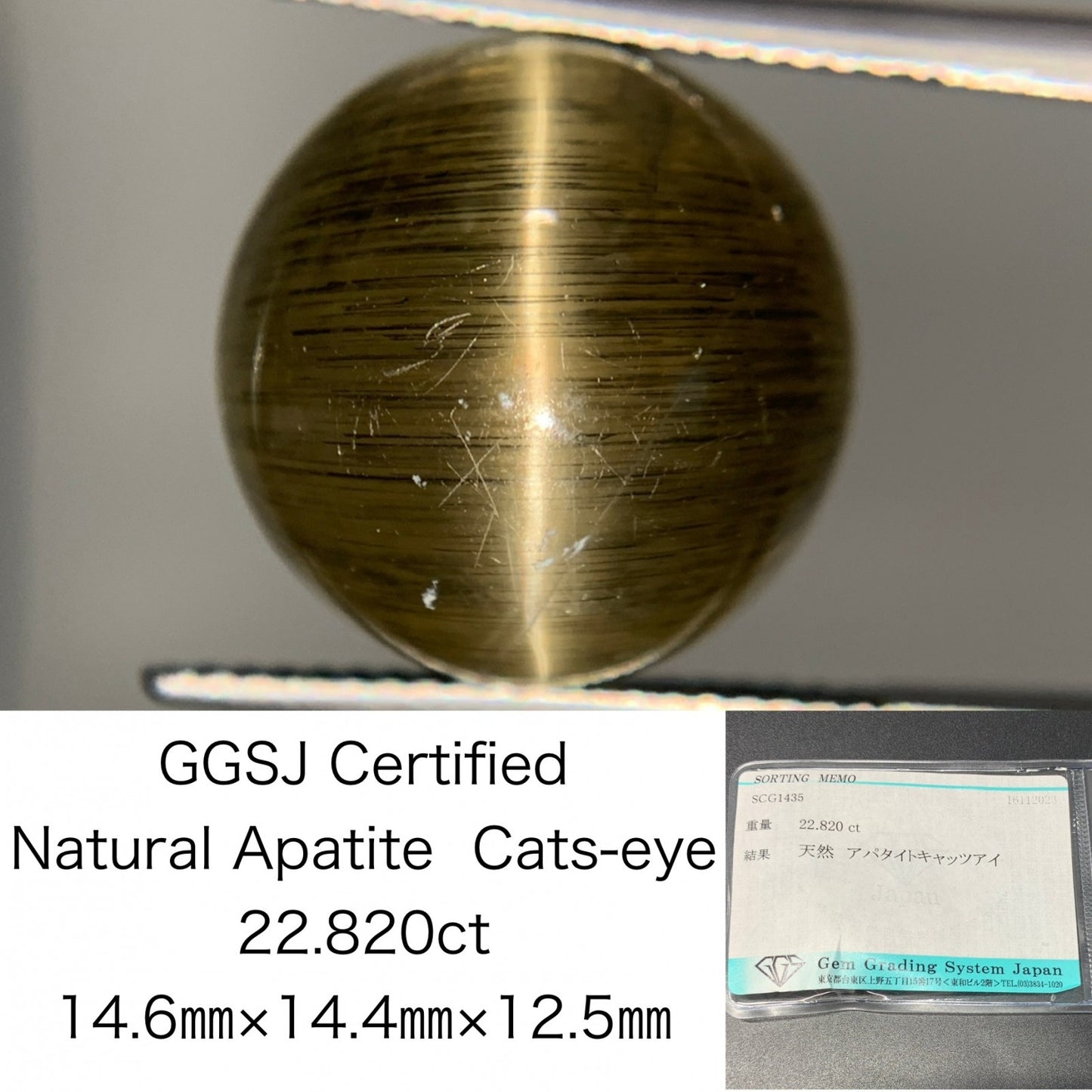 アパタイトキャッツアイ 22.820ct 宝石ソーティング付き  14.6㎜×14.4㎜×12.5㎜  ルース（ 裸石 ） 2838Y
