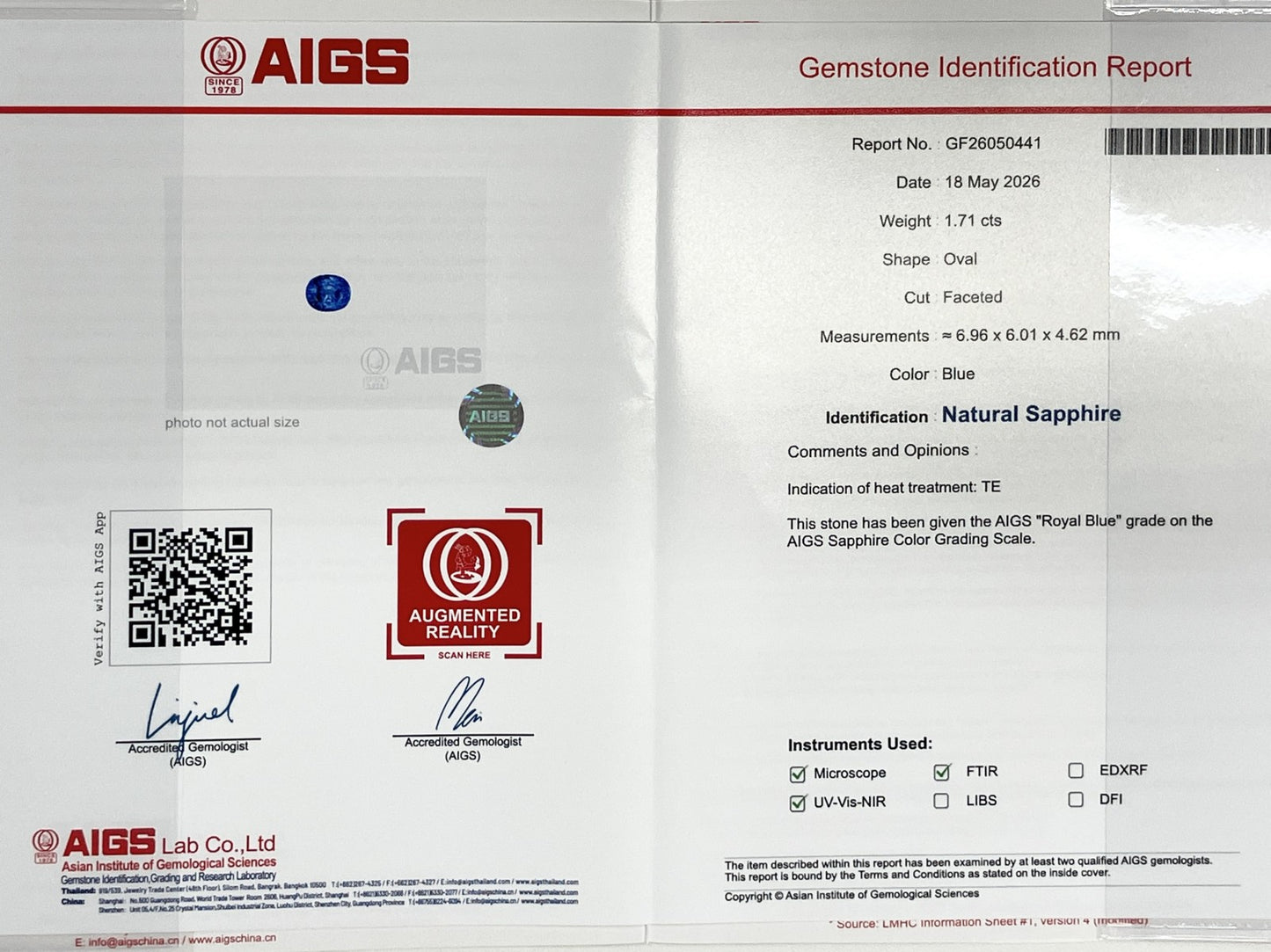 サファイア 1.71ct ロイヤルブルー royal blue AIGS鑑別書 D0.72ct PT900 5.3g 指輪 （JP13号） サイズ直し無料 728K