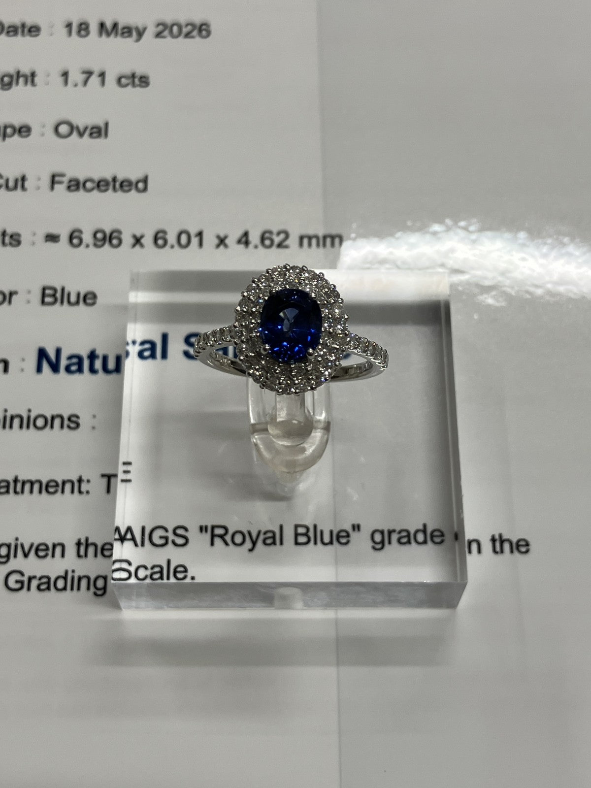 サファイア 1.71ct ロイヤルブルー royal blue AIGS鑑別書 D0.72ct PT900 5.3g 指輪 （JP13号） サイズ直し無料 728K