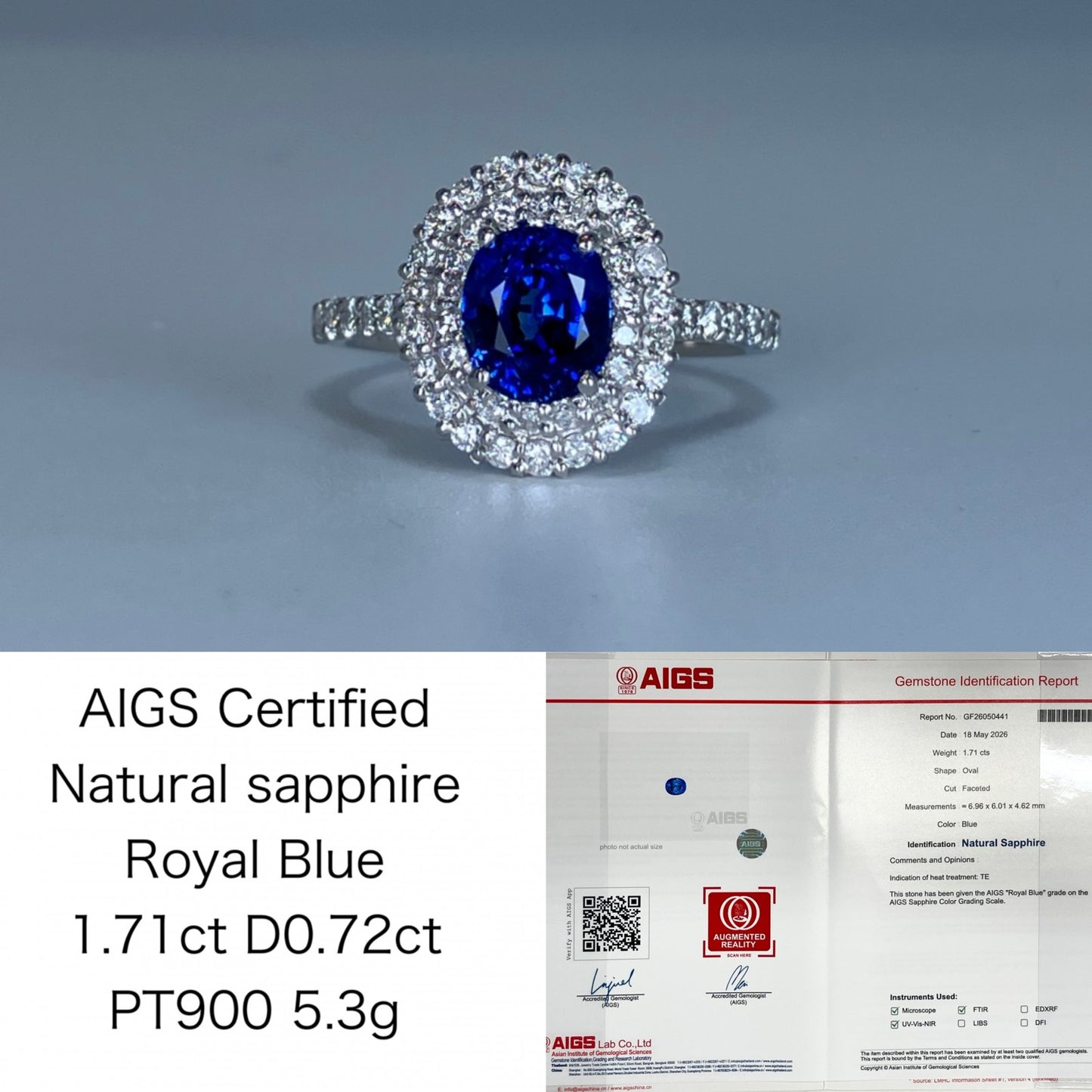 サファイア 1.71ct ロイヤルブルー royal blue AIGS鑑別書 D0.72ct PT900 5.3g 指輪 （JP13号） サイズ直し無料 728K