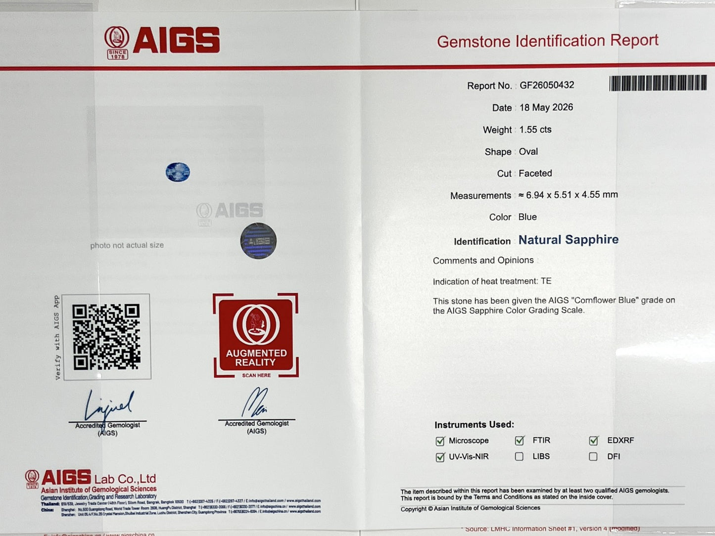サファイア 1.55ct コンフラワーブルー Cornflower blue AIGS鑑別書 D0.72ct PT900 5.2g 指輪 （JP14号） サイズ直し無料 8194K