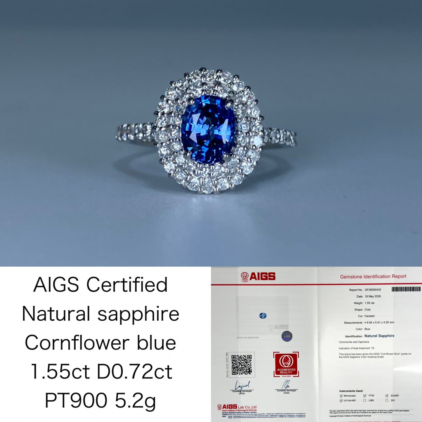 サファイア 1.55ct コンフラワーブルー Cornflower blue AIGS鑑別書 D0.72ct PT900 5.2g 指輪 （JP14号） サイズ直し無料 8194K
