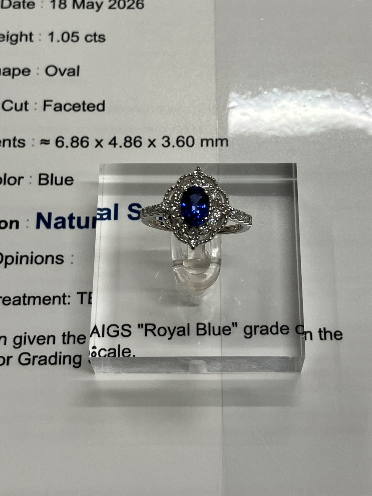 サファイア 1.05ct ロイヤルブルー royal blue AIGS鑑別書 D0.34ct PT900 4.3g 指輪 （JP12号） サイズ直し無料 1472K
