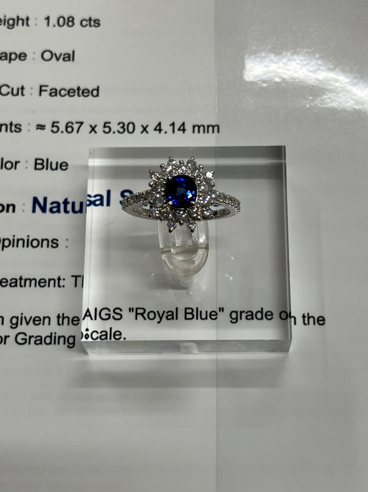 サファイア 1.08ct ロイヤルブルー royal blue AIGS鑑別書 D0.75ct PT900 5.7g 指輪 （JP14号） サイズ直し無料 4109K