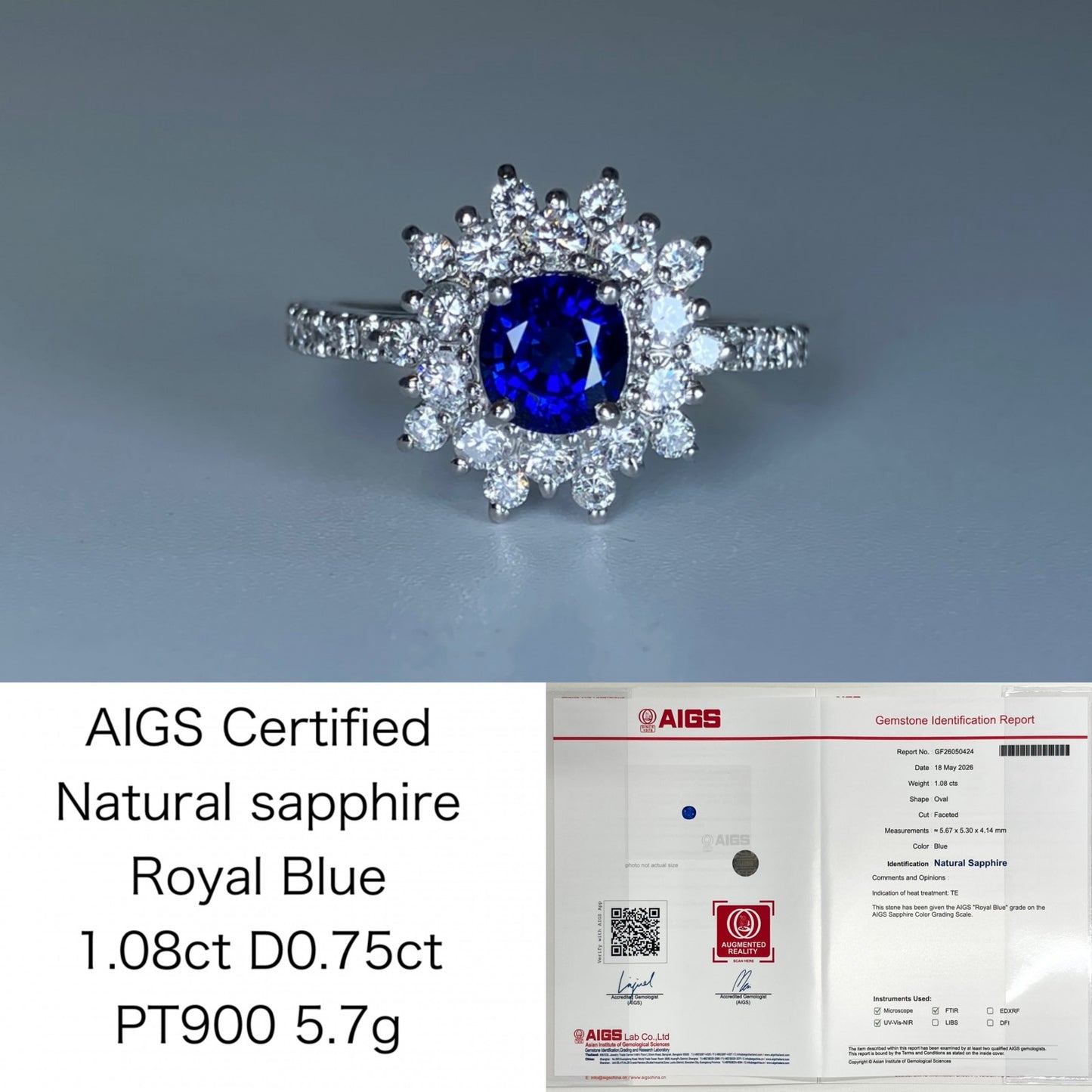 サファイア 1.08ct ロイヤルブルー royal blue AIGS鑑別書 D0.75ct PT900 5.7g 指輪 （JP14号） サイズ直し無料 4109K