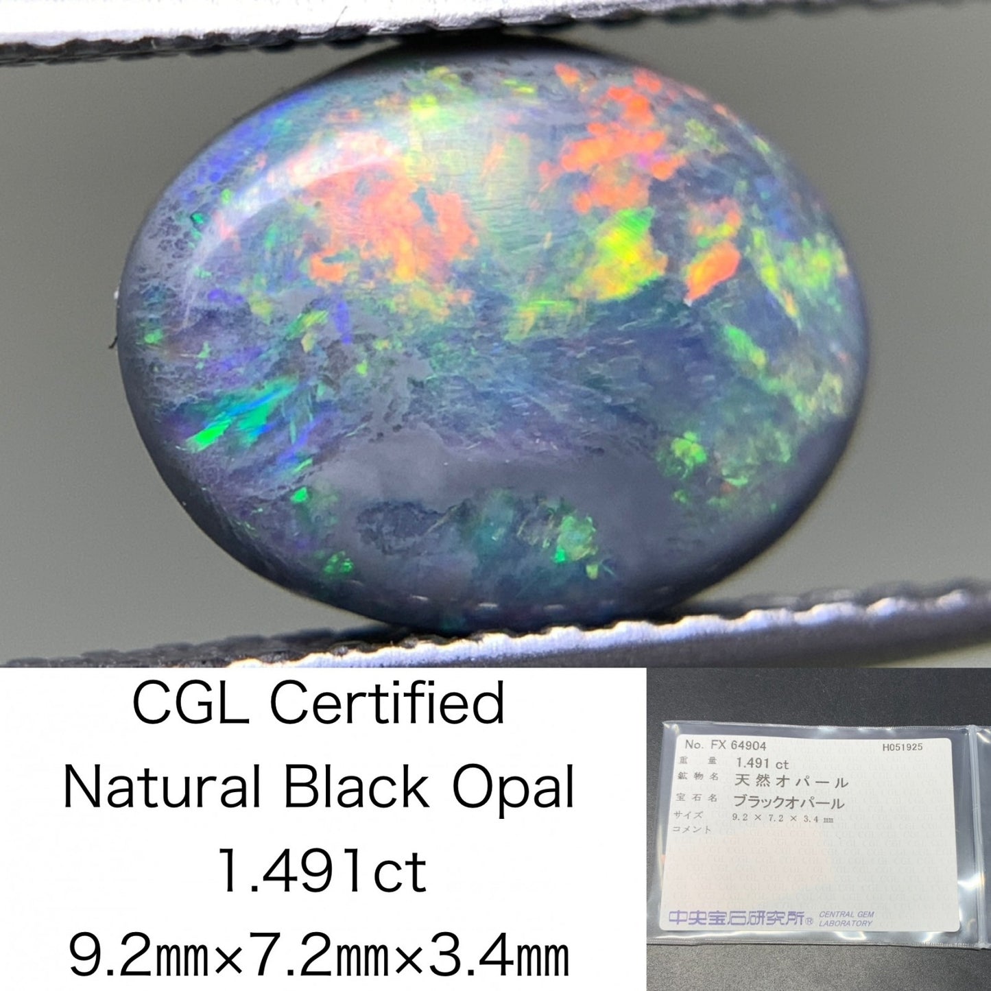 ブラックオパール 天然 1.491ct 中央宝石ソーティング付き 9.2㎜×7.2㎜×3.4㎜ 天然 ルース（ 裸石 ） 5013Y