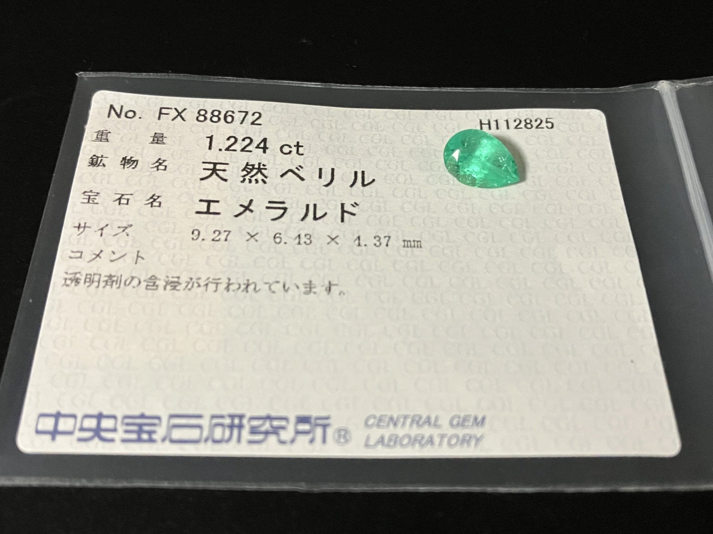エメラルド 天然 1.224ct 中央宝石ソーティング付き 9.27㎜×6.43㎜×4.37㎜ ルース（ 裸石 ） 7509YY