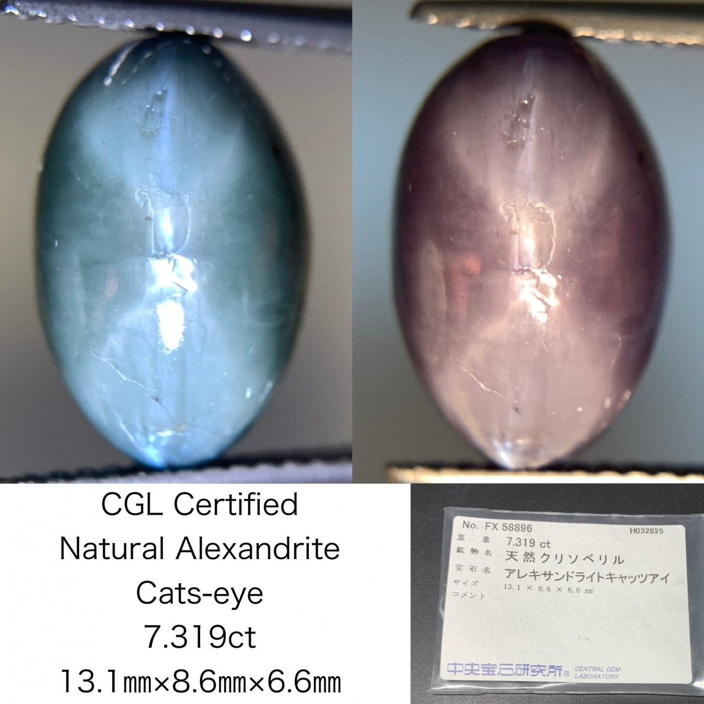 アレキサンドライトキャッツアイ 天然 7.319ct 中央宝石ソーティング付き 13.1㎜×8.6㎜×6.6㎜ ルース（ 裸石 ） 5501Y