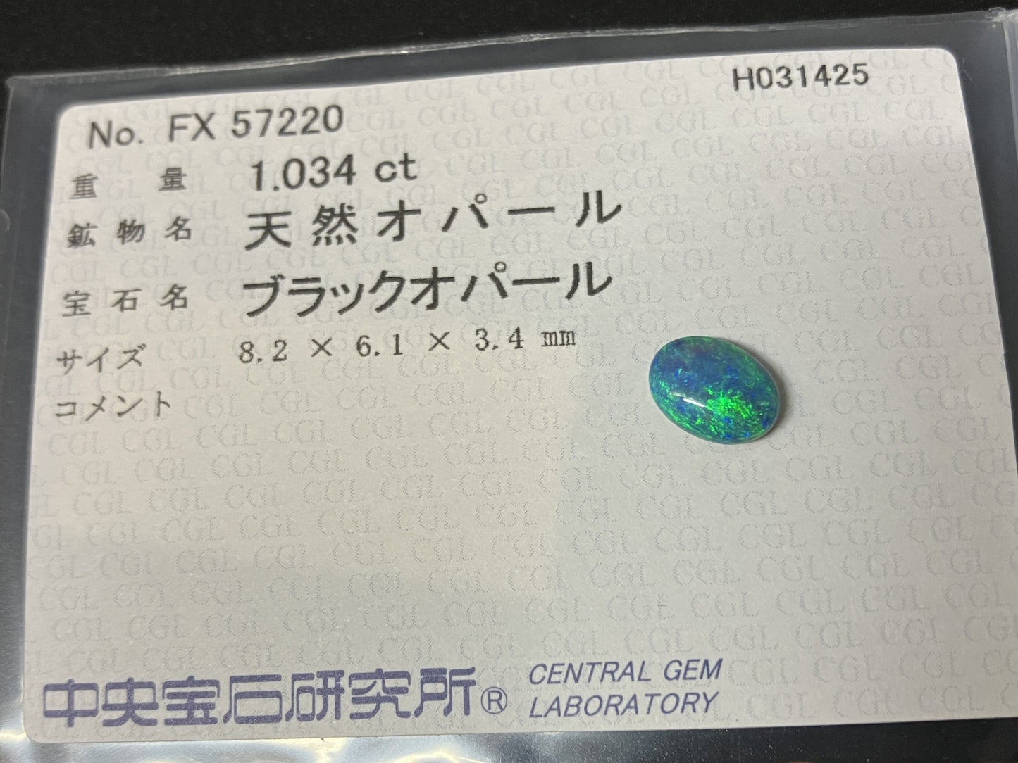ブラックオパール 1.034ct  中央宝石ソーティング付き  8.2㎜×6.1㎜×3.4㎜  天然 ルース（ 裸石 ） 4366YY