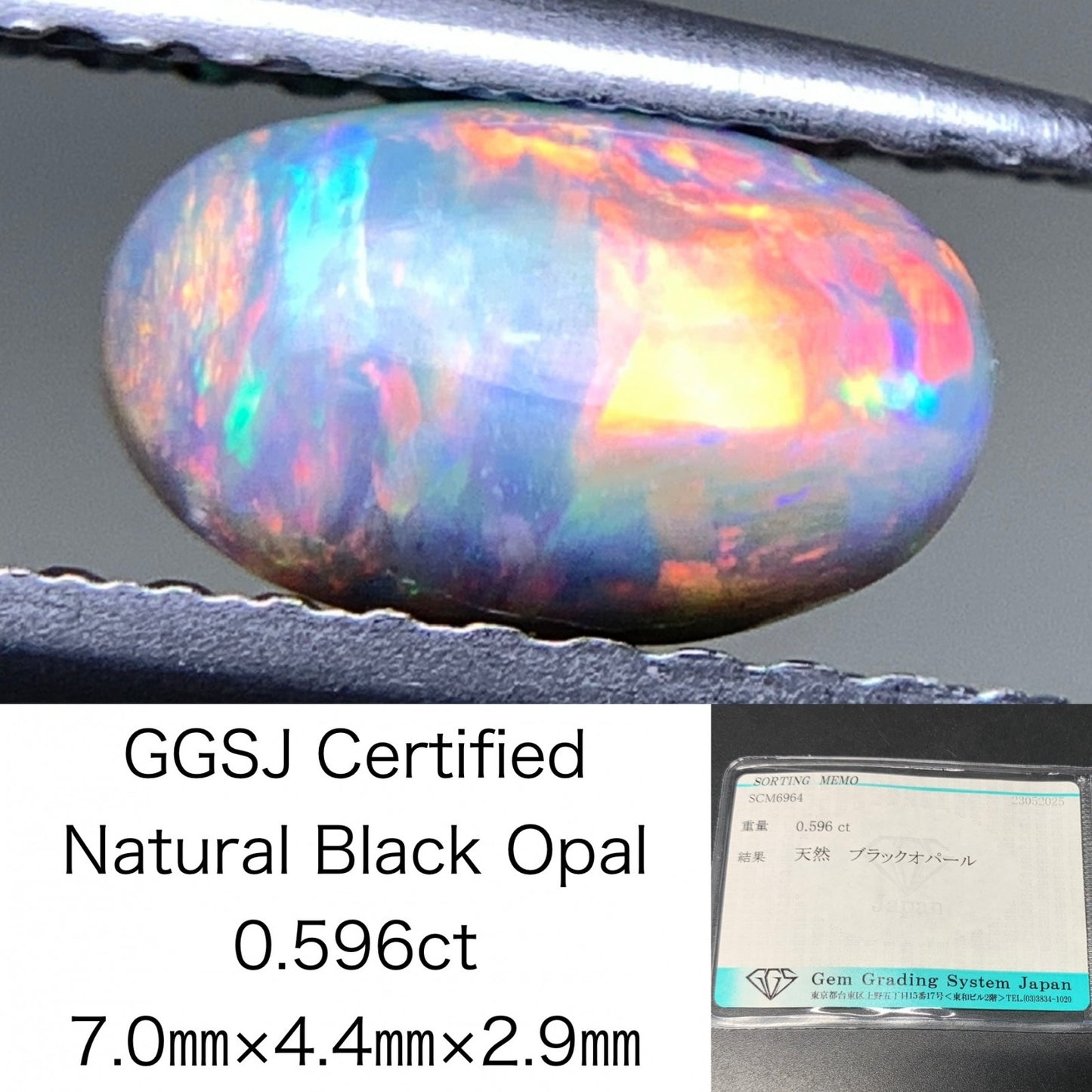 ブラックオパール  天然  0.596ct  宝石ソーティング付き  7.0㎜×4.4㎜×2.9㎜  ルース（ 裸石 ）  5100Y