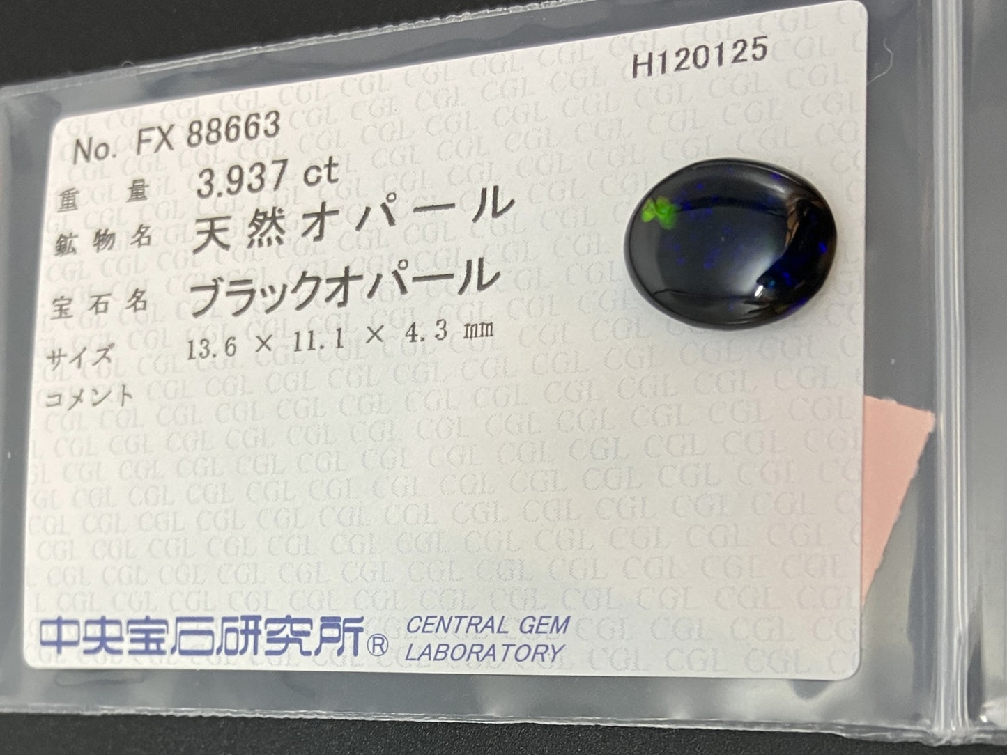 ブラックオパール 天然 3.937ct 中央宝石ソーティング付き 13.6㎜×11.1㎜×4.3㎜ ルース（ 裸石 ） 7549YY