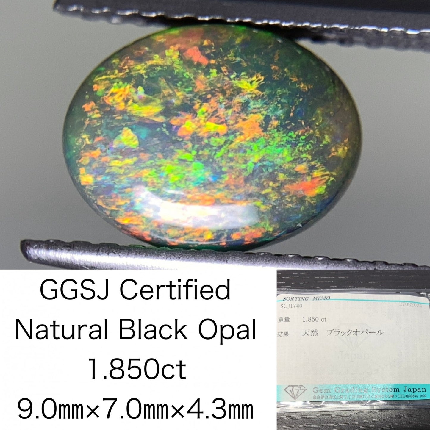 ブラックオパール 1.850ct 宝石ソーティング付き  9.0㎜×7.0㎜×4.3㎜  ルース（ 裸石 ） 2504Y