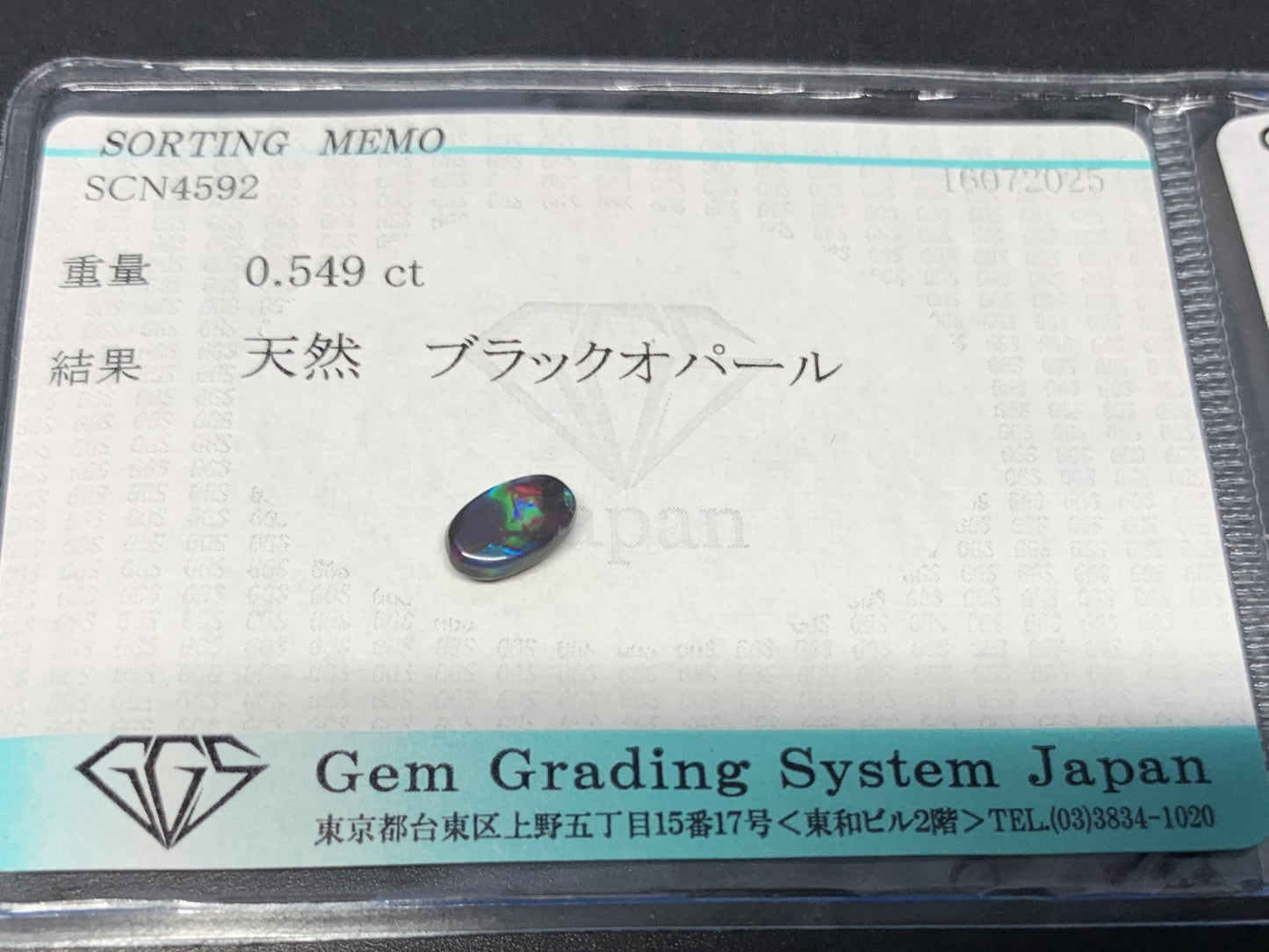 ブラックオパール 天然  0.549ct  宝石ソーティング付き  7.0㎜×4.3㎜×2.6㎜ ルース（ 裸石 ）  6027Y