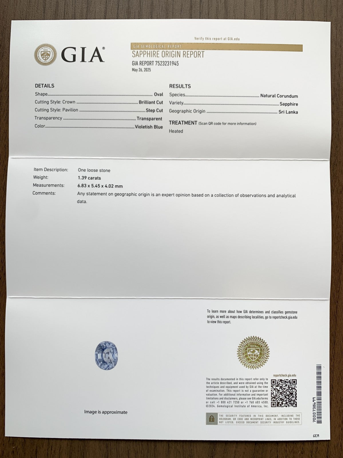 サファイア 1.39ct  GIA宝石鑑別書付き  Sri Lanka 6.83㎜×5.45㎜×4.02㎜   天然 ルース（ 裸石 ）   5129Y