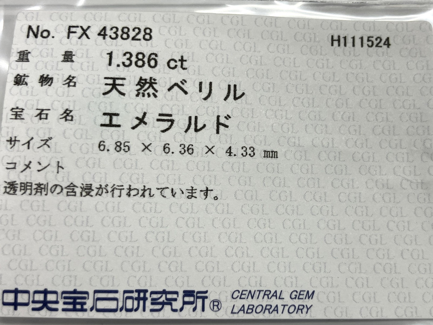 エメラルド 1.386ct 中央宝石ソーティング  6.85㎜×6.36㎜×4.33㎜  ルース（ 裸石 ） 3147YY
