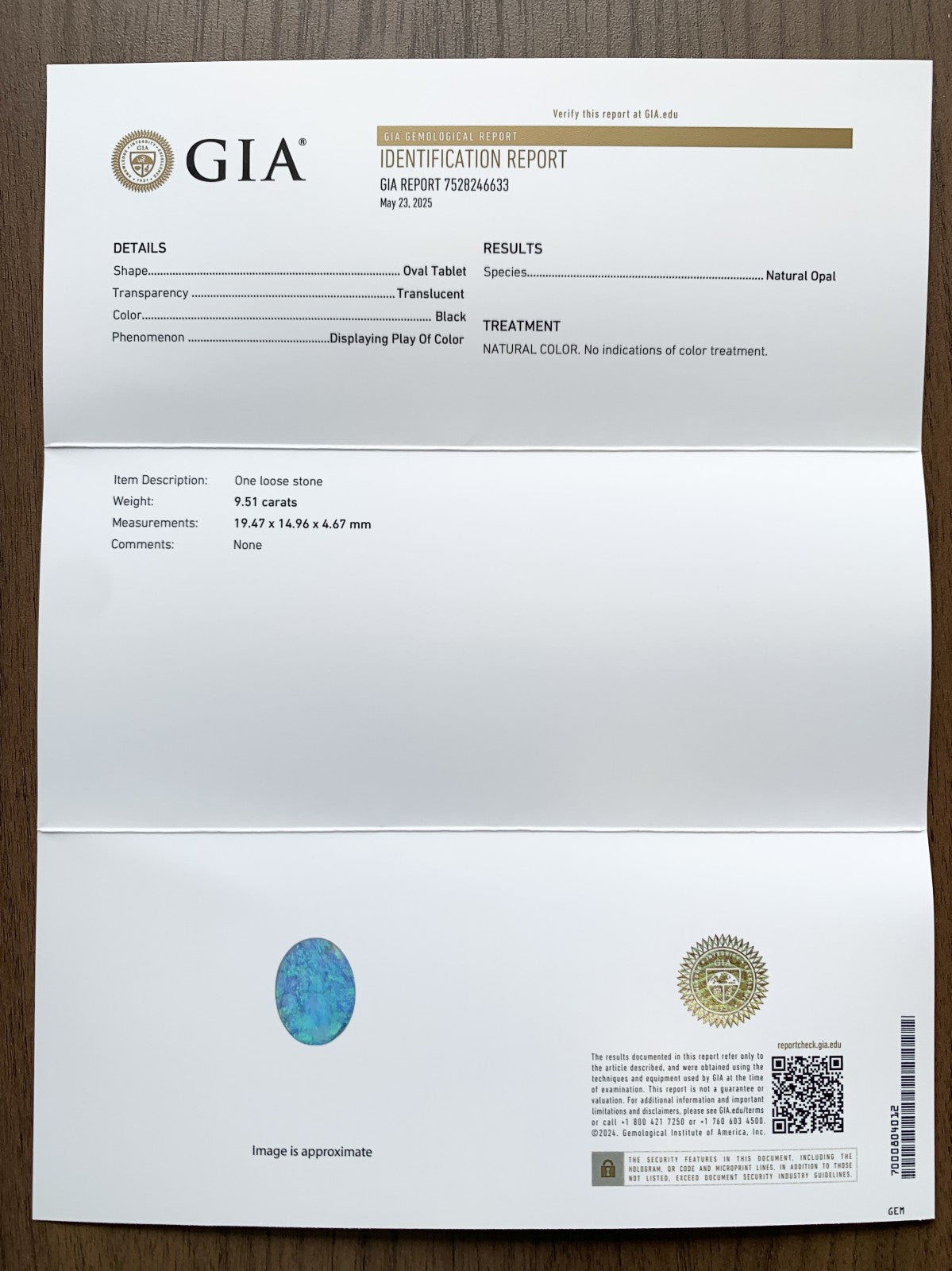 ブラックオパール 天然 9.51ct GIA宝石鑑別書＆中央宝石ソーティング付き 19.47㎜×14.96㎜×4.67㎜　 天然 ルース（ 裸石 ） 5012Y
