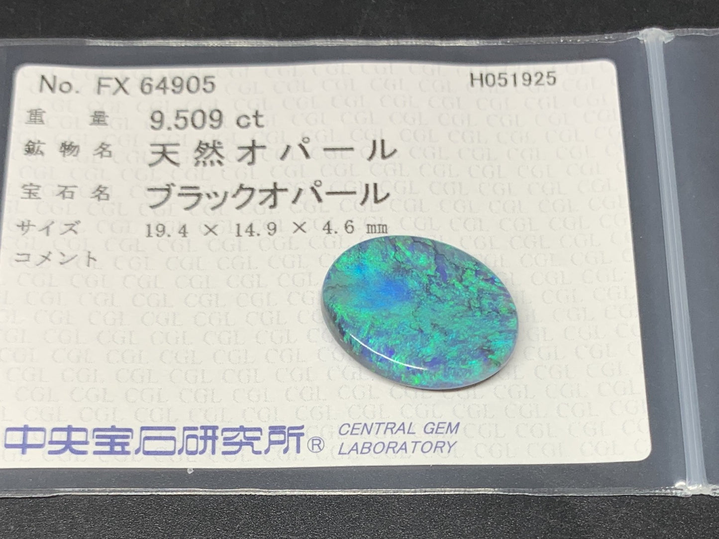 ブラックオパール 天然 9.51ct GIA宝石鑑別書＆中央宝石ソーティング付き 19.47㎜×14.96㎜×4.67㎜　 天然 ルース（ 裸石 ） 5012Y