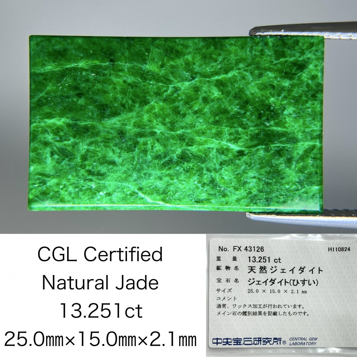 ヒスイ　翡翠　天然 13.251ct 中央宝石ソーティング付き 25.0㎜×15.0㎜×2.1㎜ ルース（ 裸石 ） 3113S