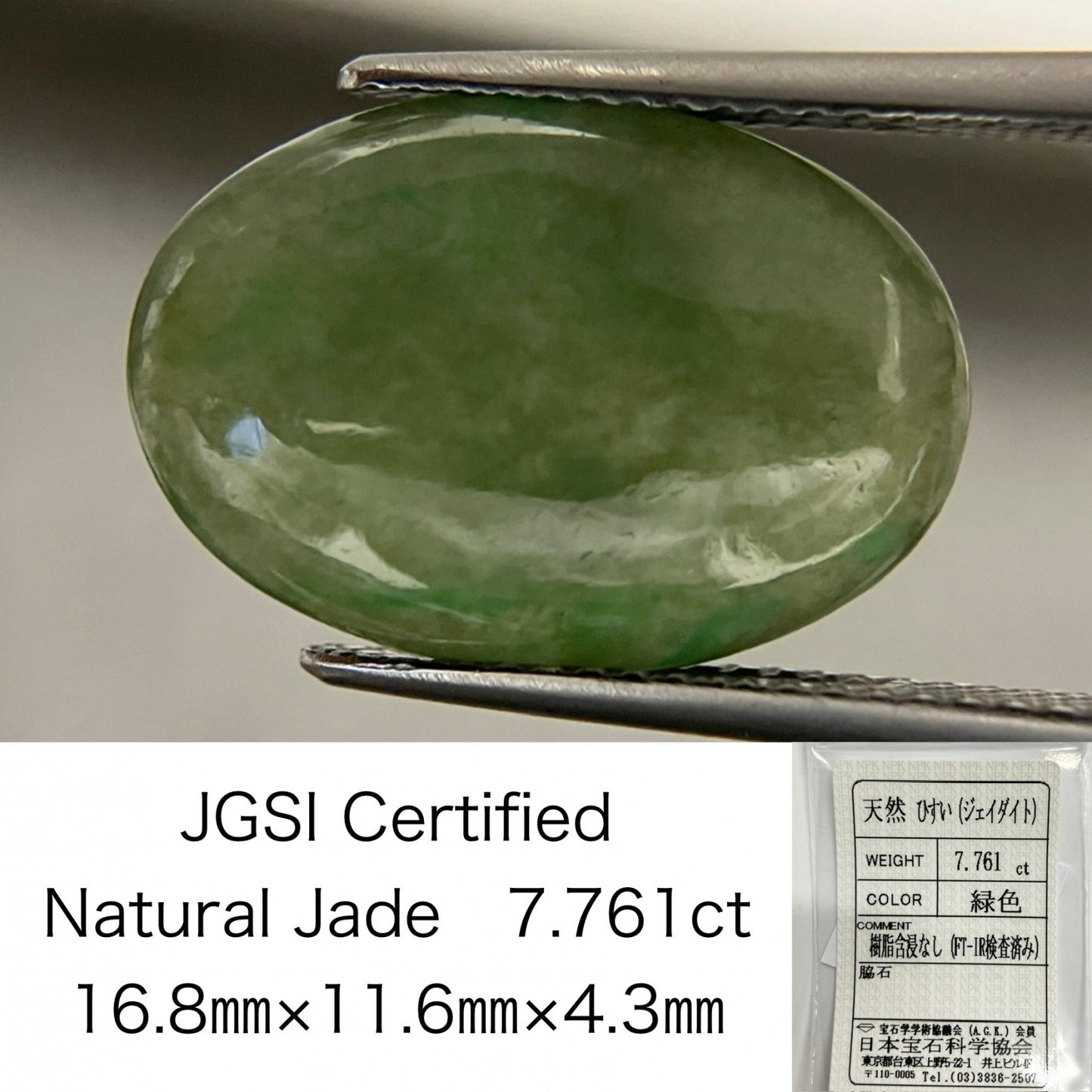 ヒスイ　翡翠　天然　 7.761ct 宝石ソーティング付き 16.8㎜×11.6㎜×4.3㎜ ルース（ 裸石 ） 3258S