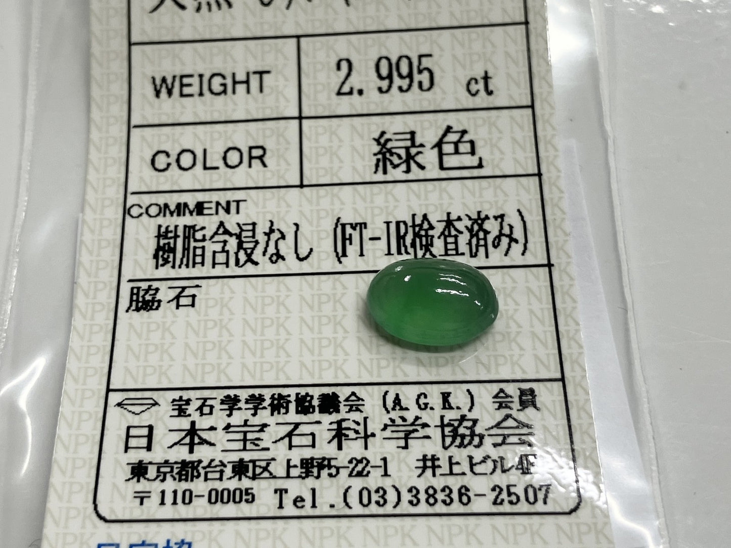 翡翠　ひすい 2.995ct 宝石ソーティング付き 10.3㎜×7.2㎜×4.3㎜ ルース（ 裸石 ） 3259S
