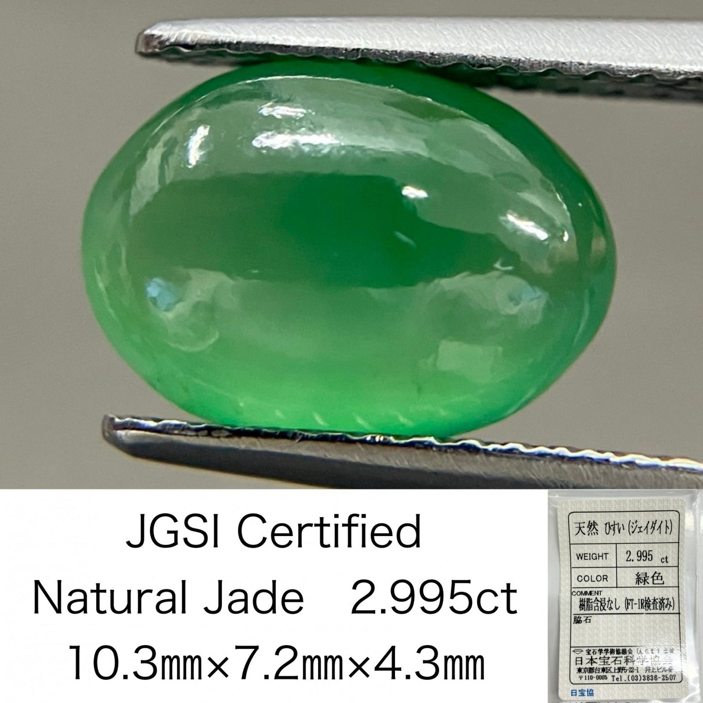 翡翠　ひすい 2.995ct 宝石ソーティング付き 10.3㎜×7.2㎜×4.3㎜ ルース（ 裸石 ） 3259S