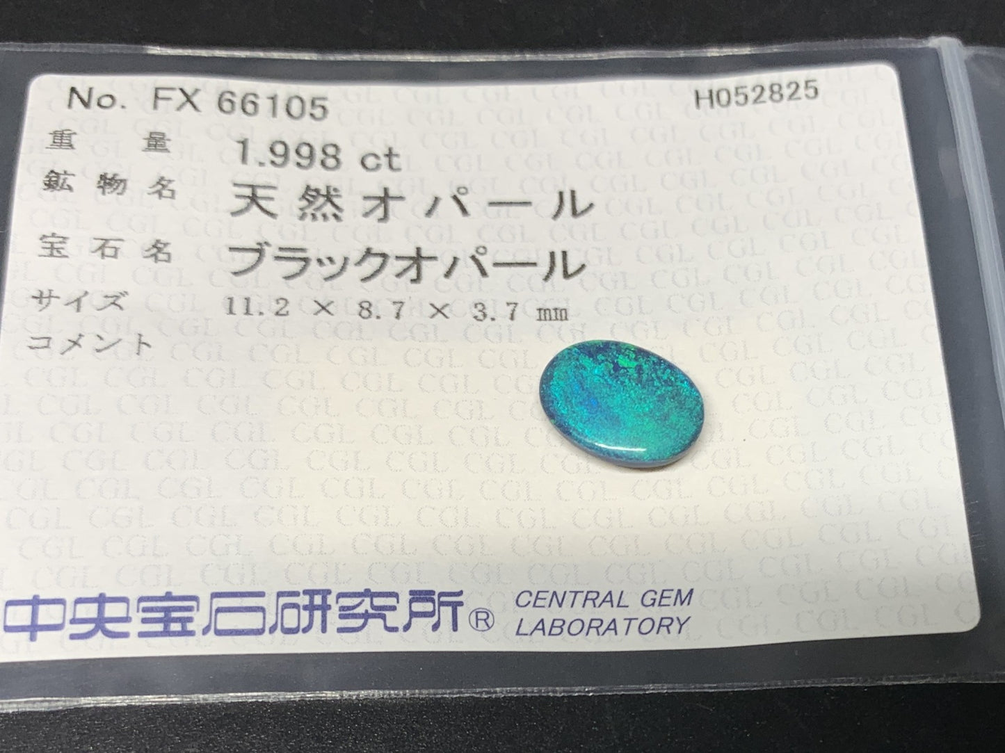 ブラックオパール  天然  1.998ct  中央宝石ソーティング付き  11.2㎜×8.7㎜×3.7㎜   天然 ルース（ 裸石 ） 5088Y