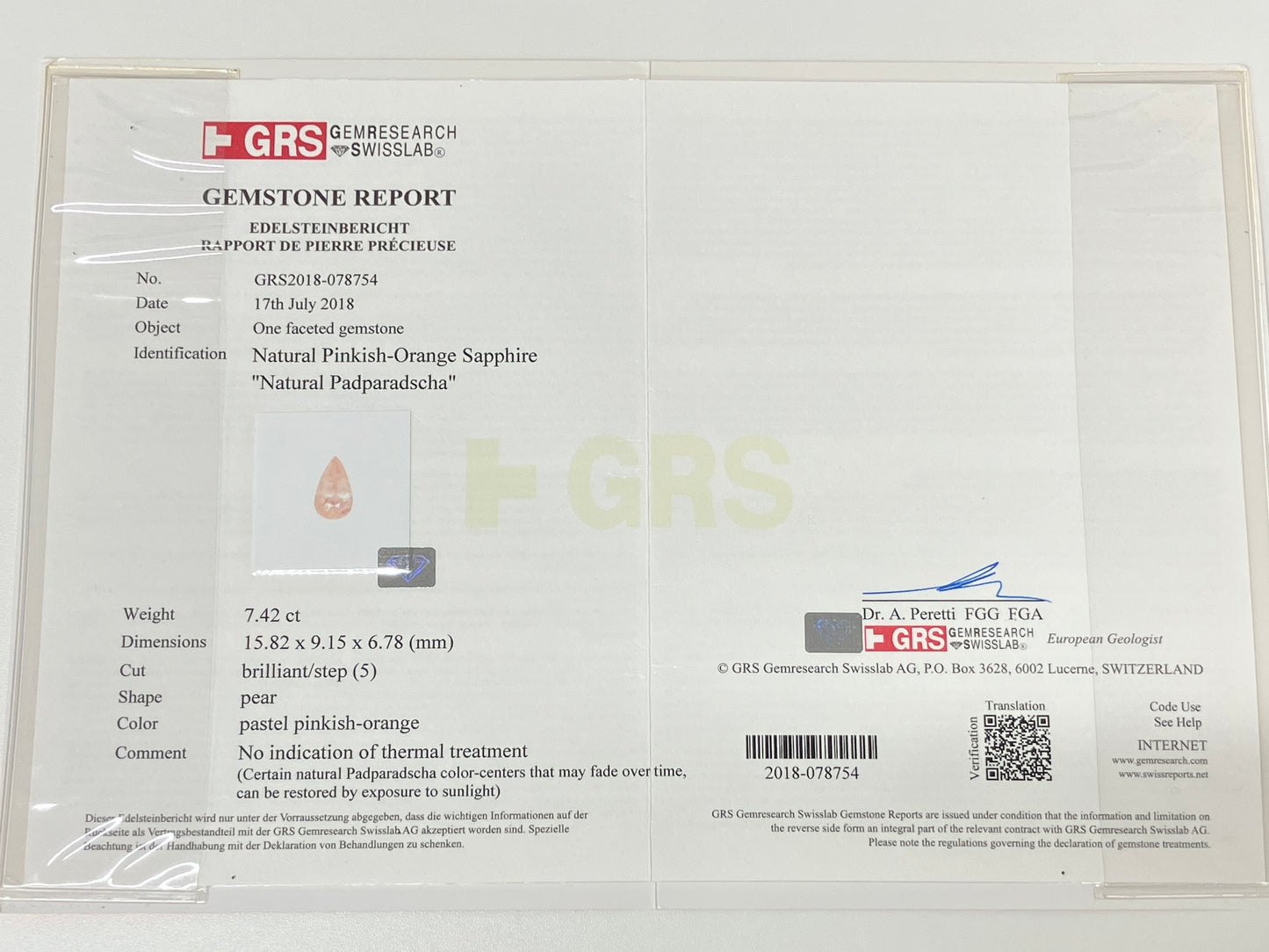 パパラチャサファイア 非加熱 Ps7.42ct GRS鑑別書付き  リング（指輪） サイズ直し無料 D0.252ct  K18  4.8g S4356K