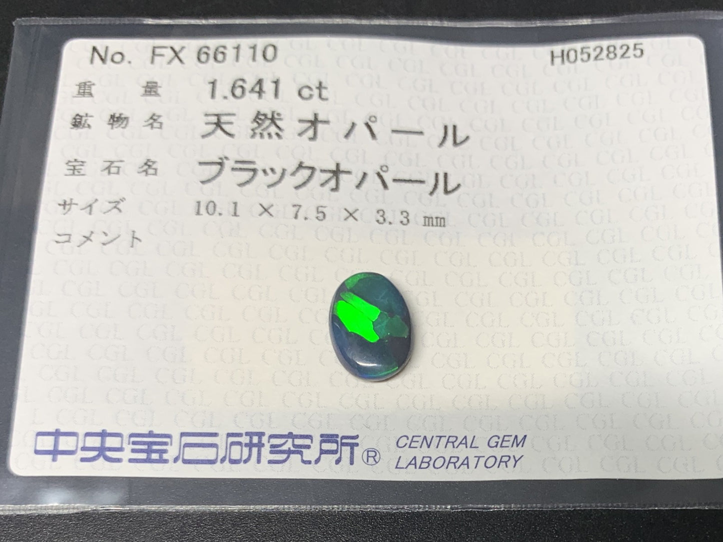 ブラックオパール  天然  1.641ct  中央宝石ソーティング付き  10.1㎜×7.5㎜×3.3㎜   天然 ルース（ 裸石 ） 5186Y