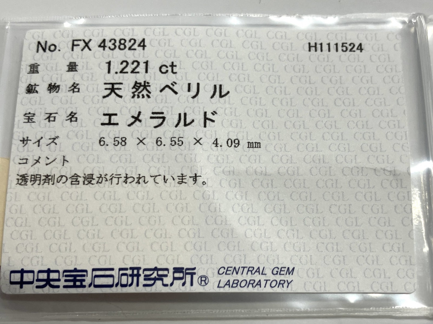 エメラルド 1.221ct 中央宝石ソーティング付き  6.58㎜×6.55㎜×4.09㎜  ルース（ 裸石 ） 3167YY
