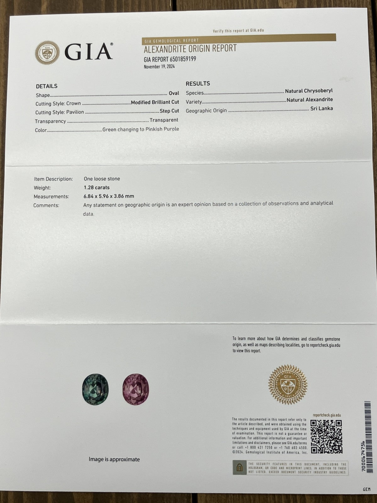 アレキサンドライト  1.28ct GIA鑑別書付き  6.84㎜×5.96㎜×3.86㎜ ルース（ 裸石 ） 3160YY