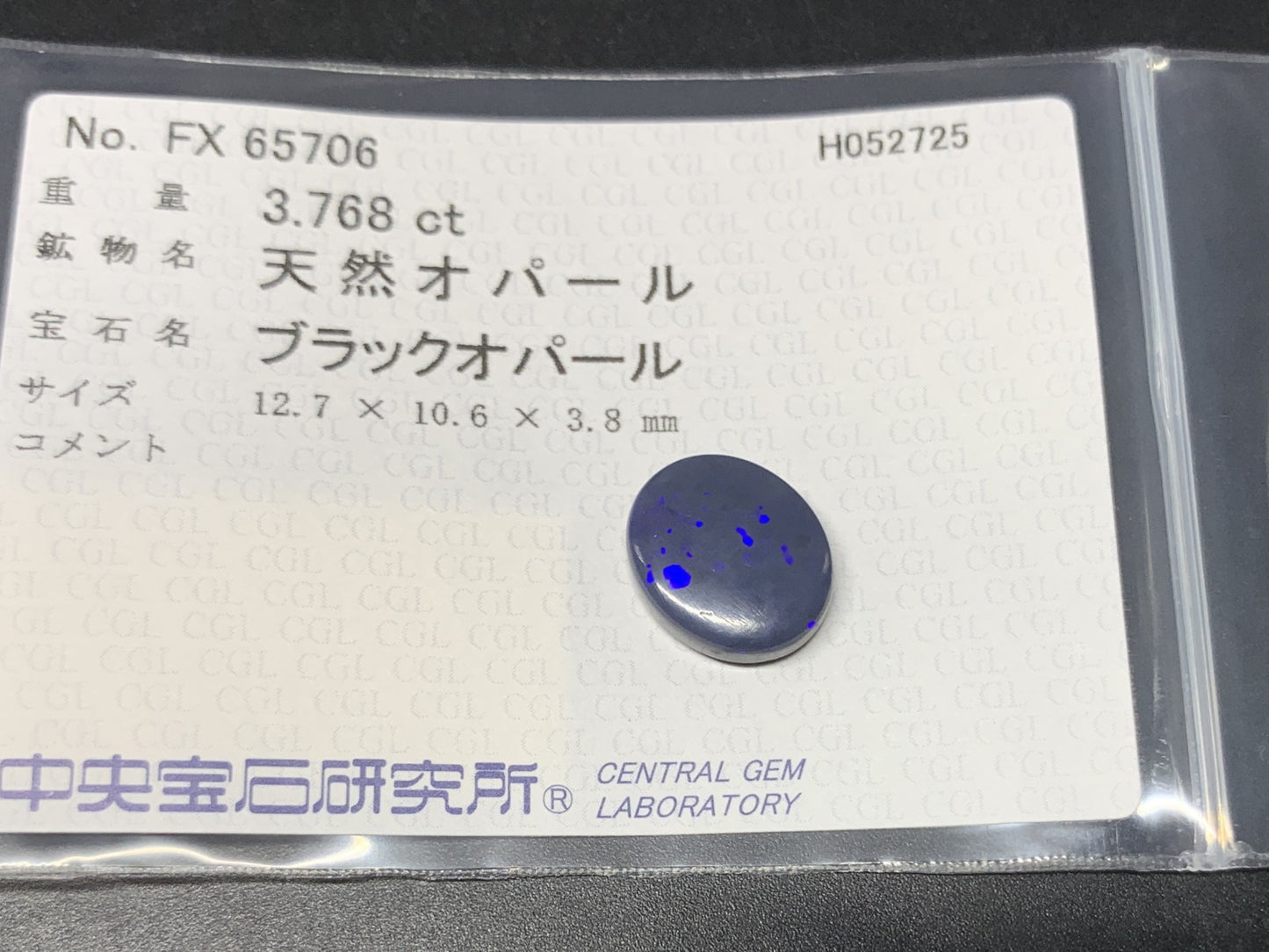 ブラックオパール 天然 3.768ct 中央宝石ソーティング付き 12.7㎜×10.6㎜×3.8㎜ 天然 ルース（ 裸石 ） 5064Y