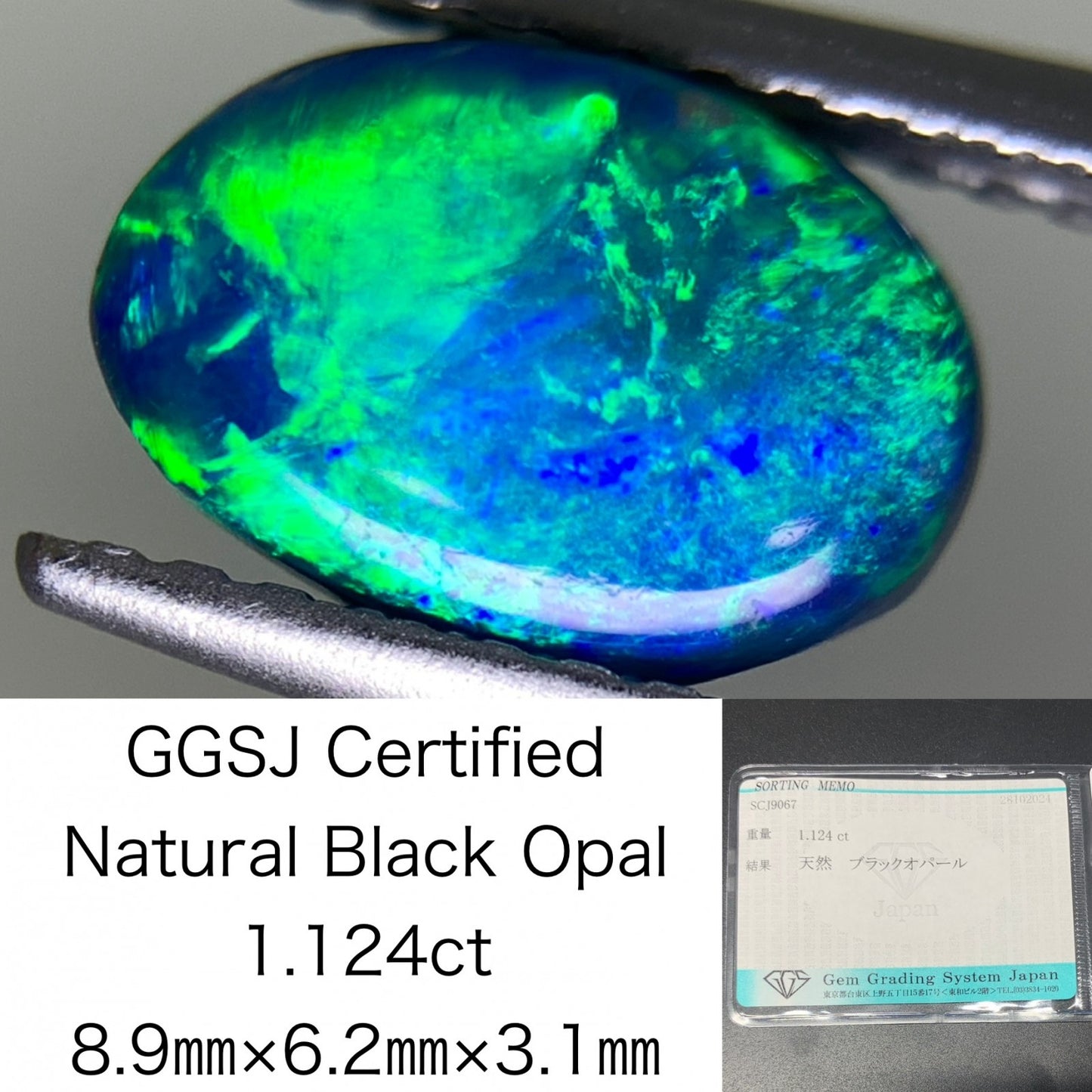 ブラックオパール 1.124ct 宝石ソーティング付き  8.9㎜×6.2㎜×3.1㎜  ルース（ 裸石 ） 3018Y