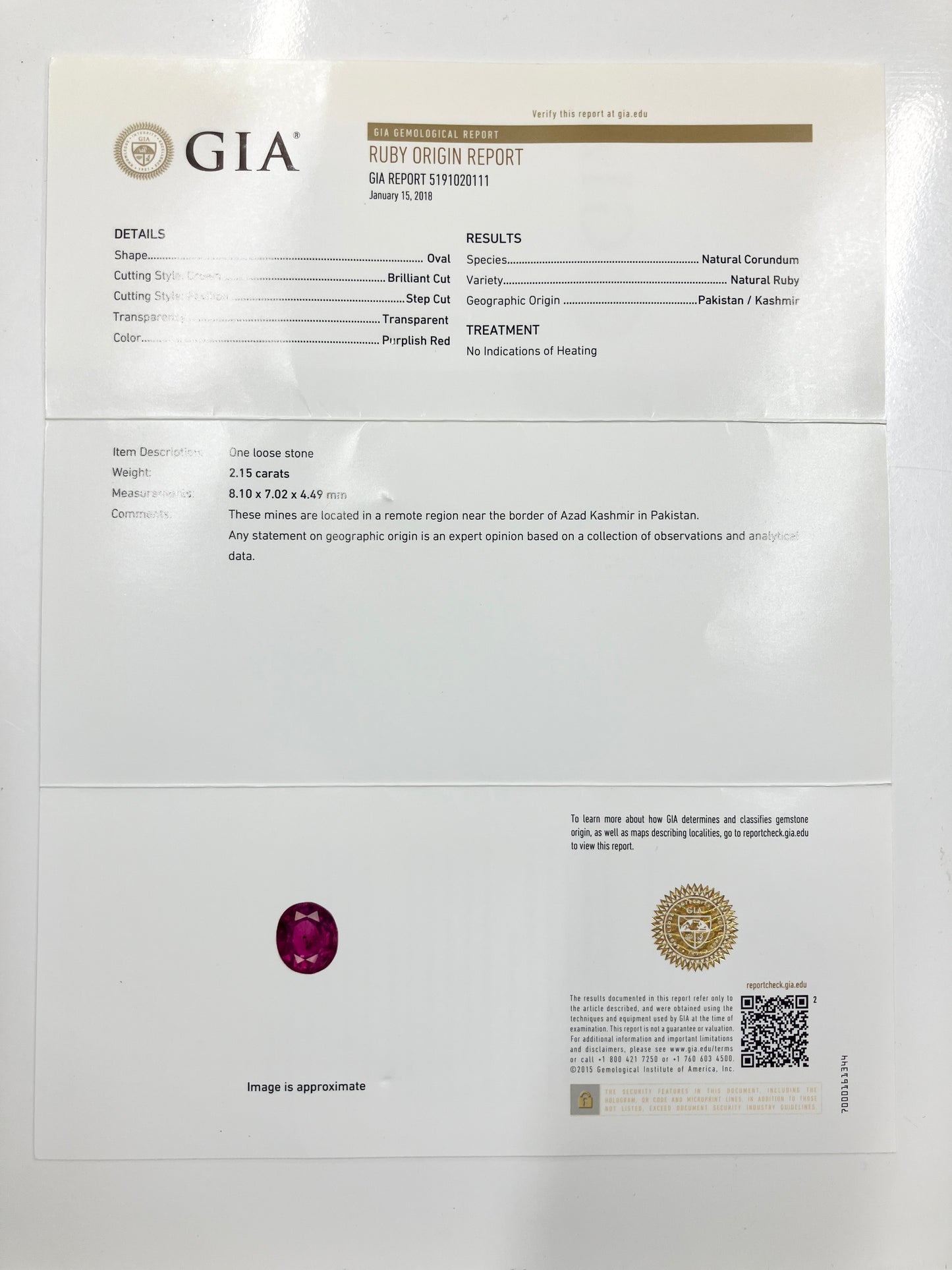 ルビー 2.15ct カシミール産 Kashmir 非加熱 No Heat GIA鑑別書 D0.68ct  PT900  4.759g 指輪 (JP11号) サイズ直し承ります。 7290S