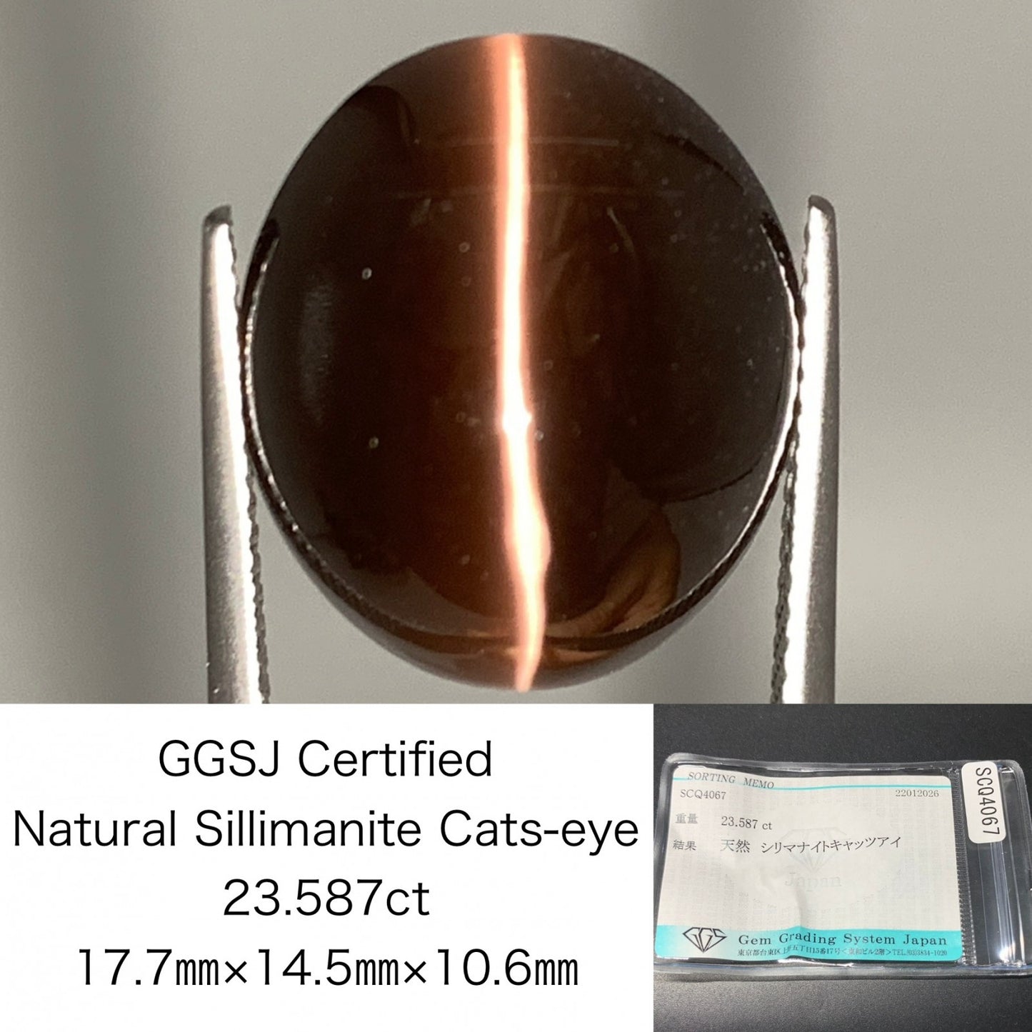 シリマナイトキャッツアイ 天然 23.587ct 宝石ソーティング付き 17.7㎜×14.5㎜×10.6㎜ ルース（ 裸石 ） 8145Y