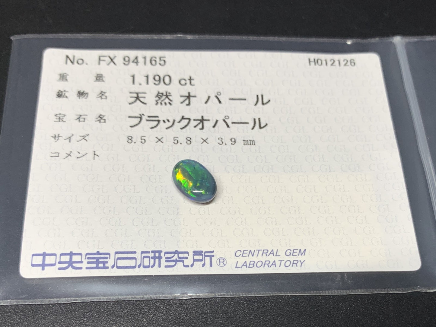 ブラックオパール （両面遊色） 天然 1.190ct 中央宝石ソーティング付き 8.5㎜×5.8㎜×3.9㎜ ルース（ 裸石 ） 8060Y