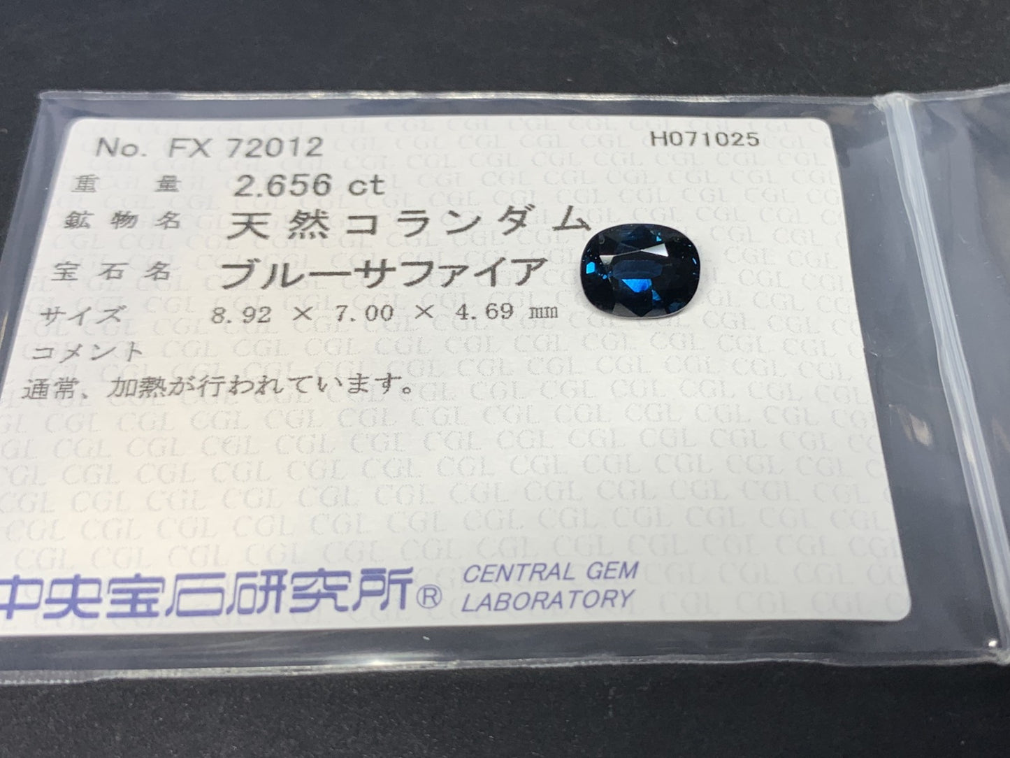 サファイア 天然  2.656ct  中央宝石ソーティング付き  8.92㎜×7.00㎜×4.69㎜  ルース（ 裸石 ） 5880Y