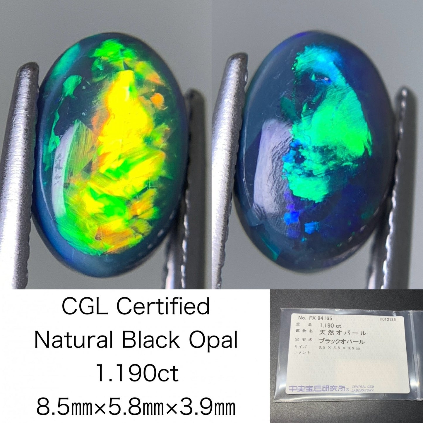 ブラックオパール （両面遊色） 天然 1.190ct 中央宝石ソーティング付き 8.5㎜×5.8㎜×3.9㎜ ルース（ 裸石 ） 8060Y