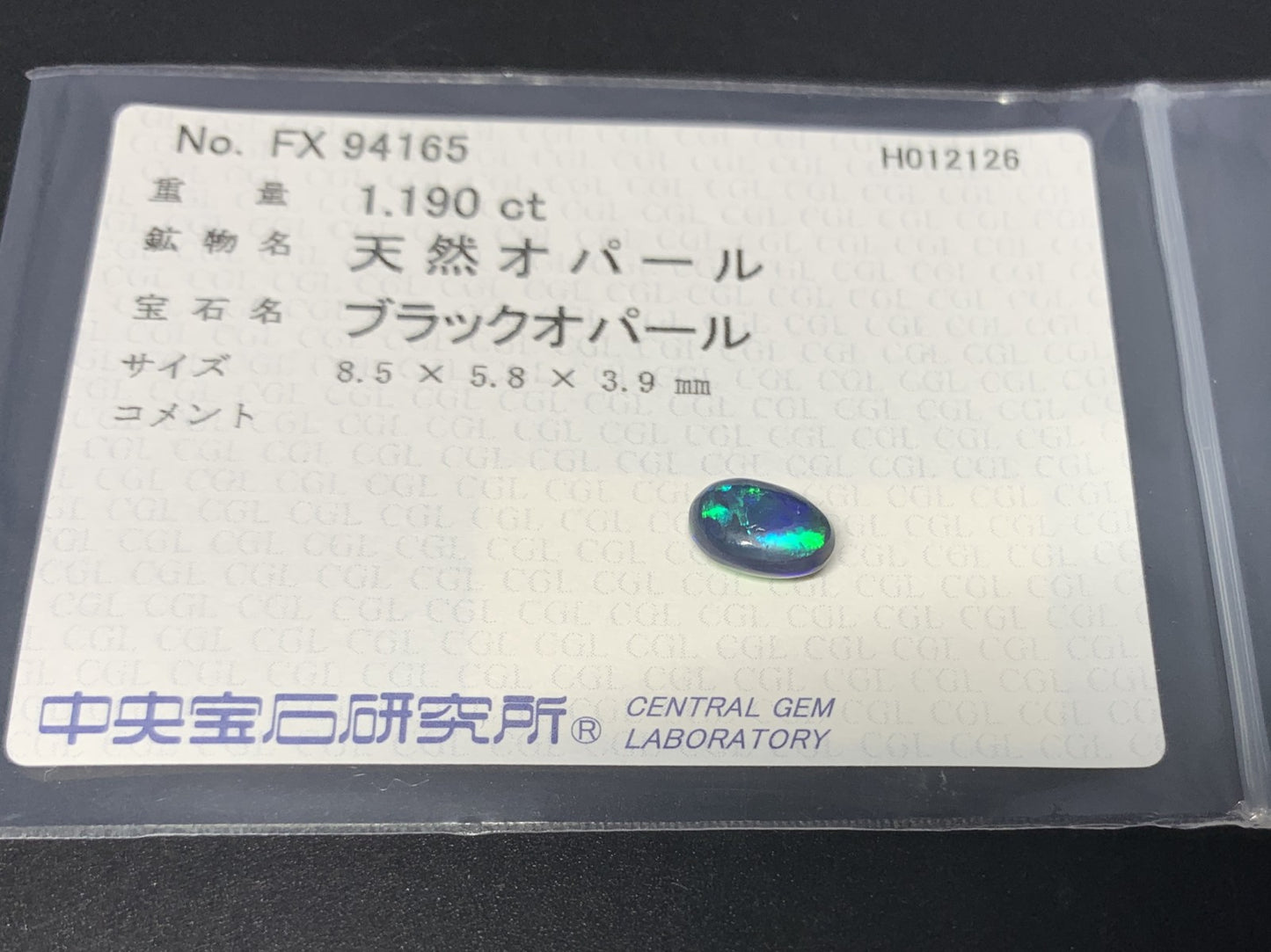 ブラックオパール （両面遊色） 天然 1.190ct 中央宝石ソーティング付き 8.5㎜×5.8㎜×3.9㎜ ルース（ 裸石 ） 8060Y