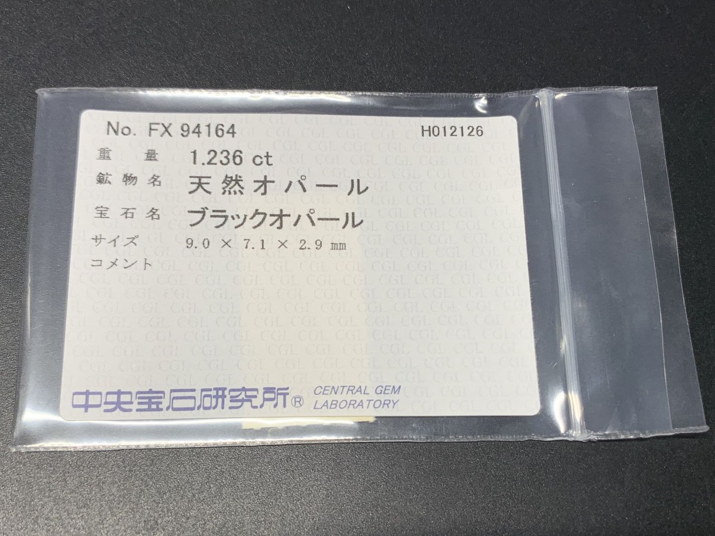 ブラックオパール 天然 1.236ct 中央宝石ソーティング付き 9.0㎜×7.1㎜×2.9㎜ ルース（ 裸石 ） 8063Y