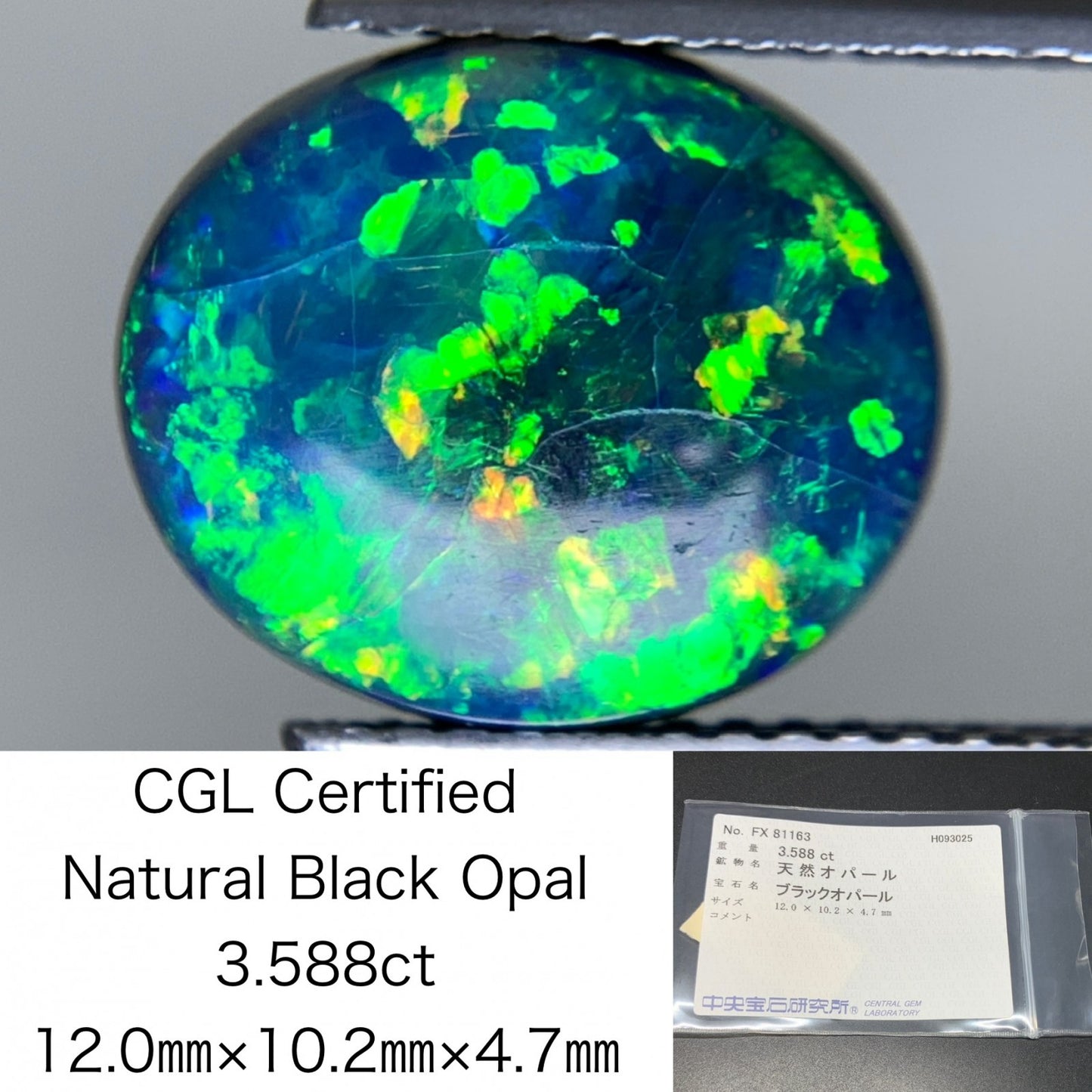 ブラックオパール 天然 3.588ct 中央宝石ソーティング付き カン有り 12.0㎜×10.2㎜×4.7㎜ ルース（ 裸石 ） 6922Y