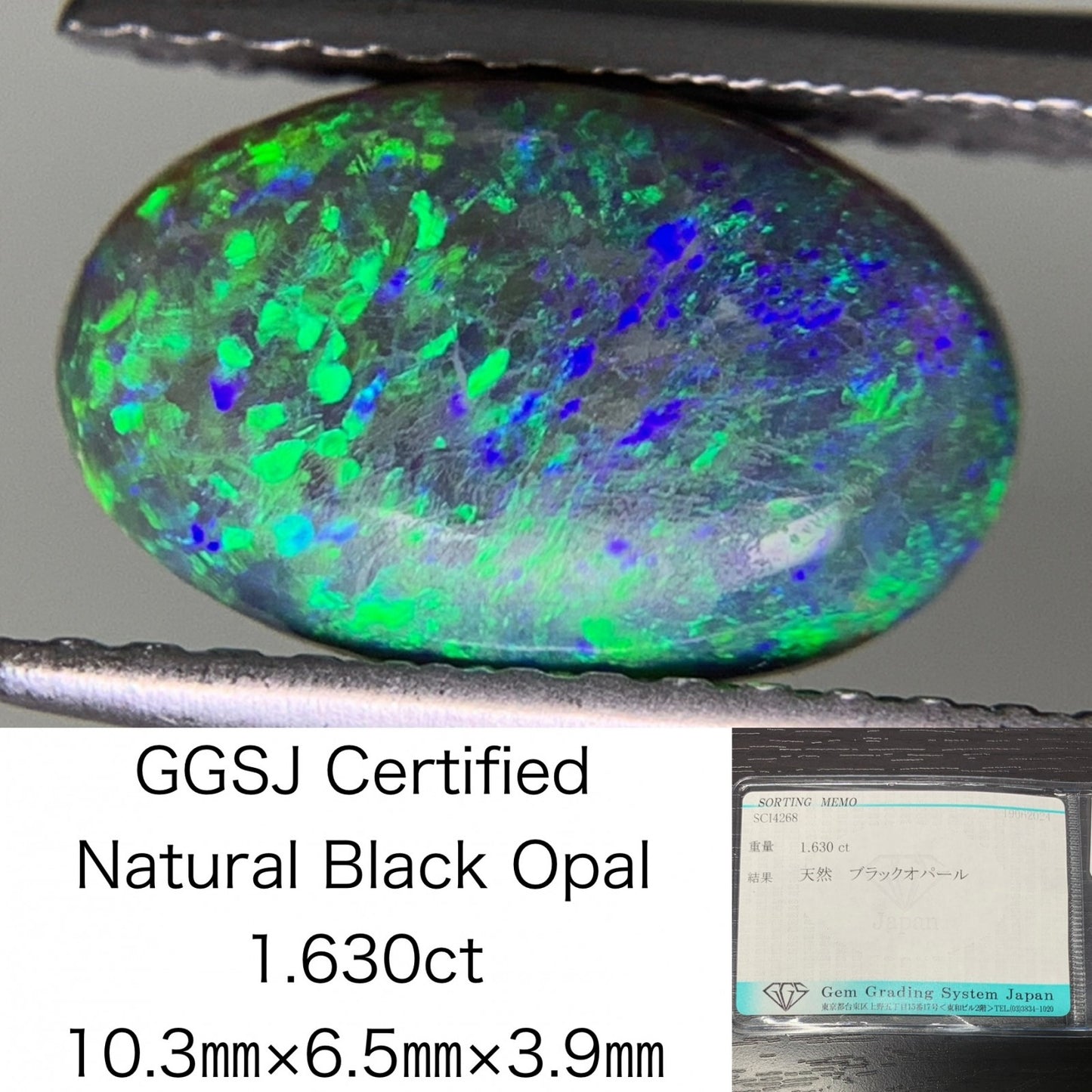 ブラックオパール 1.630ct  宝石ソーティング付き  10.3㎜×6.5㎜×3.9㎜  ルース（ 裸石 ） 2027Y